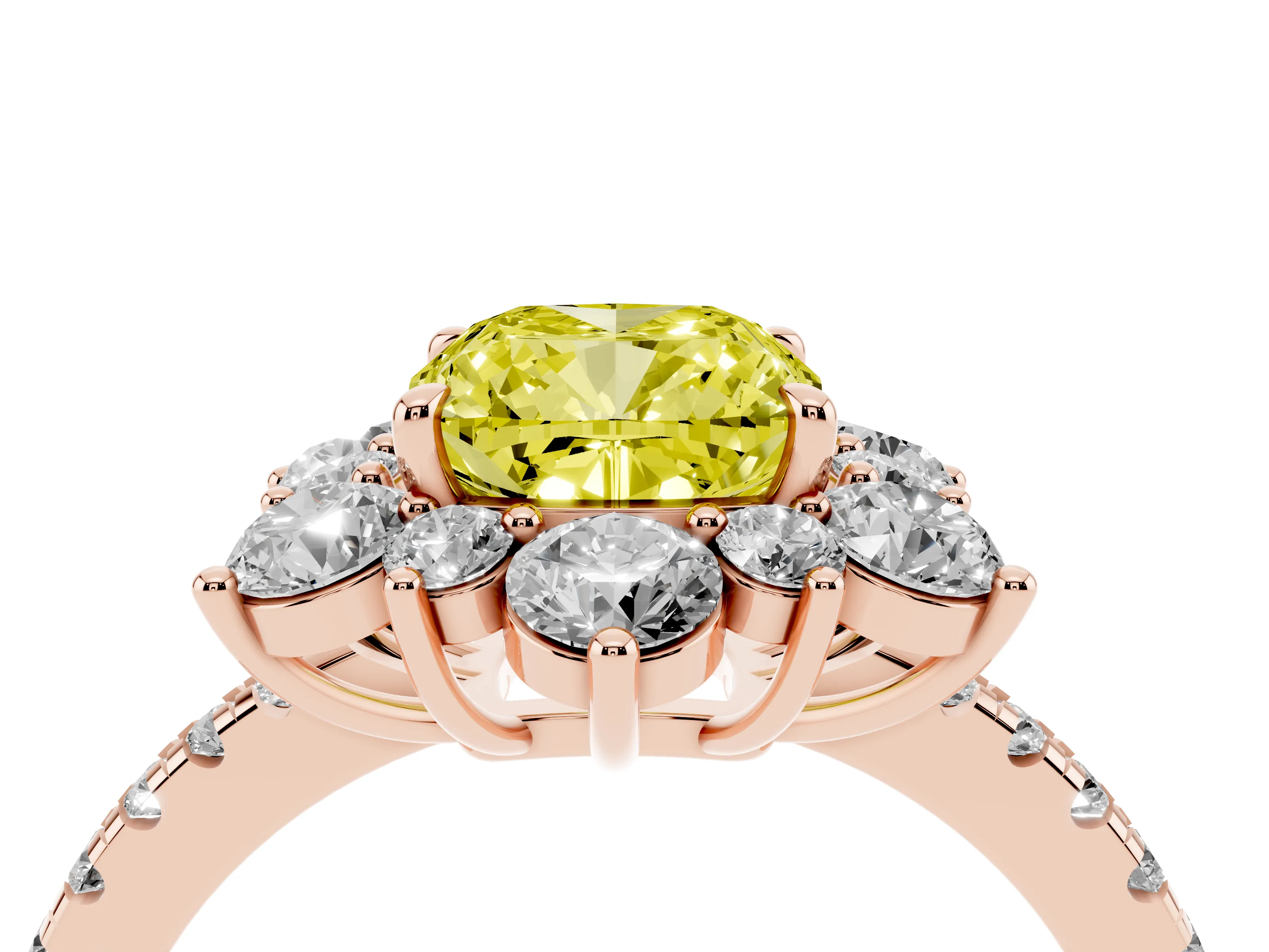 Fancy Yellow Cushion Cut Diamond Floral Halo Ring Set in Rose gold with Round Pavé Band and Prong Setting