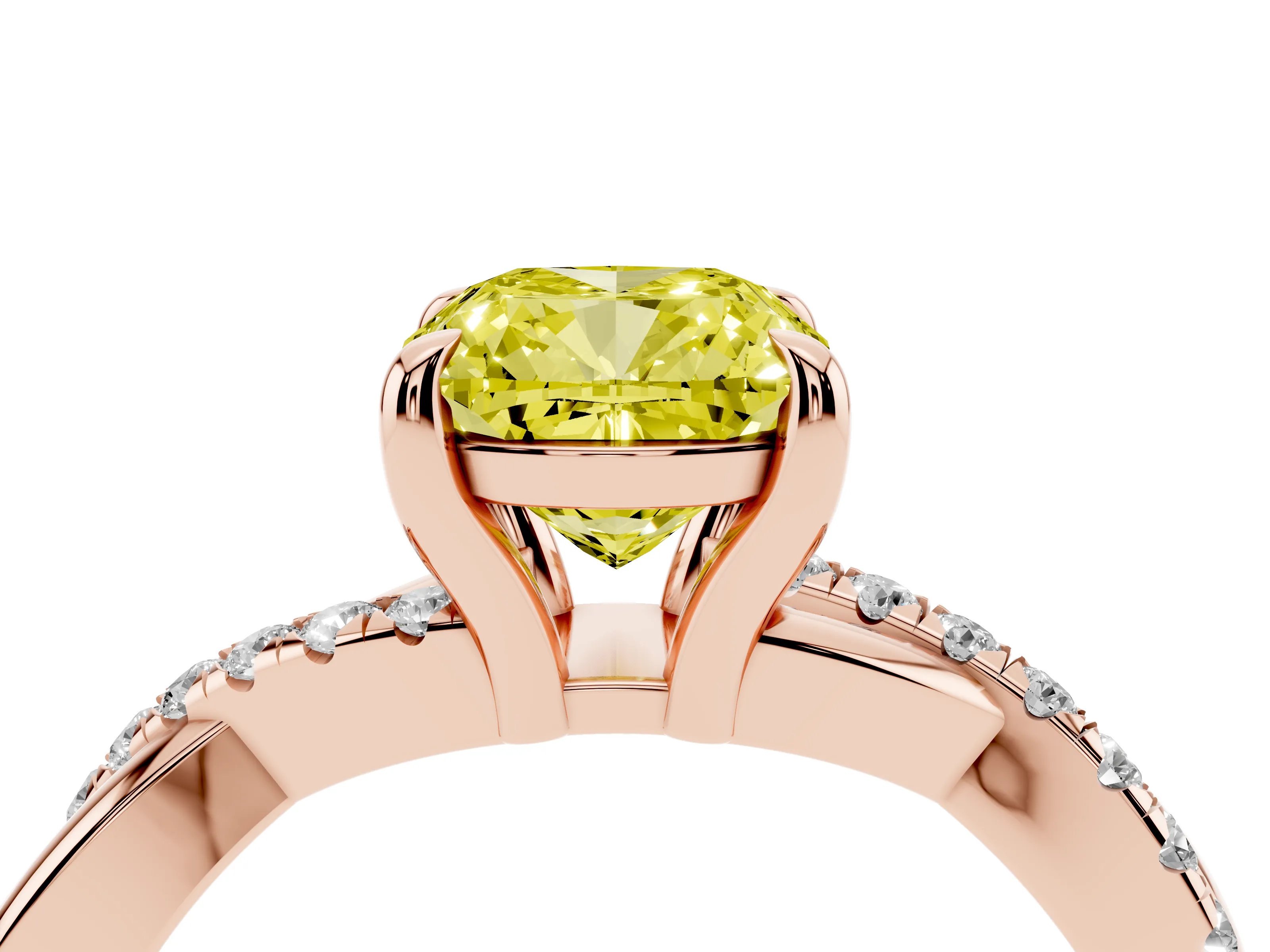 Fancy Yellow Cushion Cut Diamond Twist Band Pavé Solitaire Ring Set in Rose gold with Prong Setting