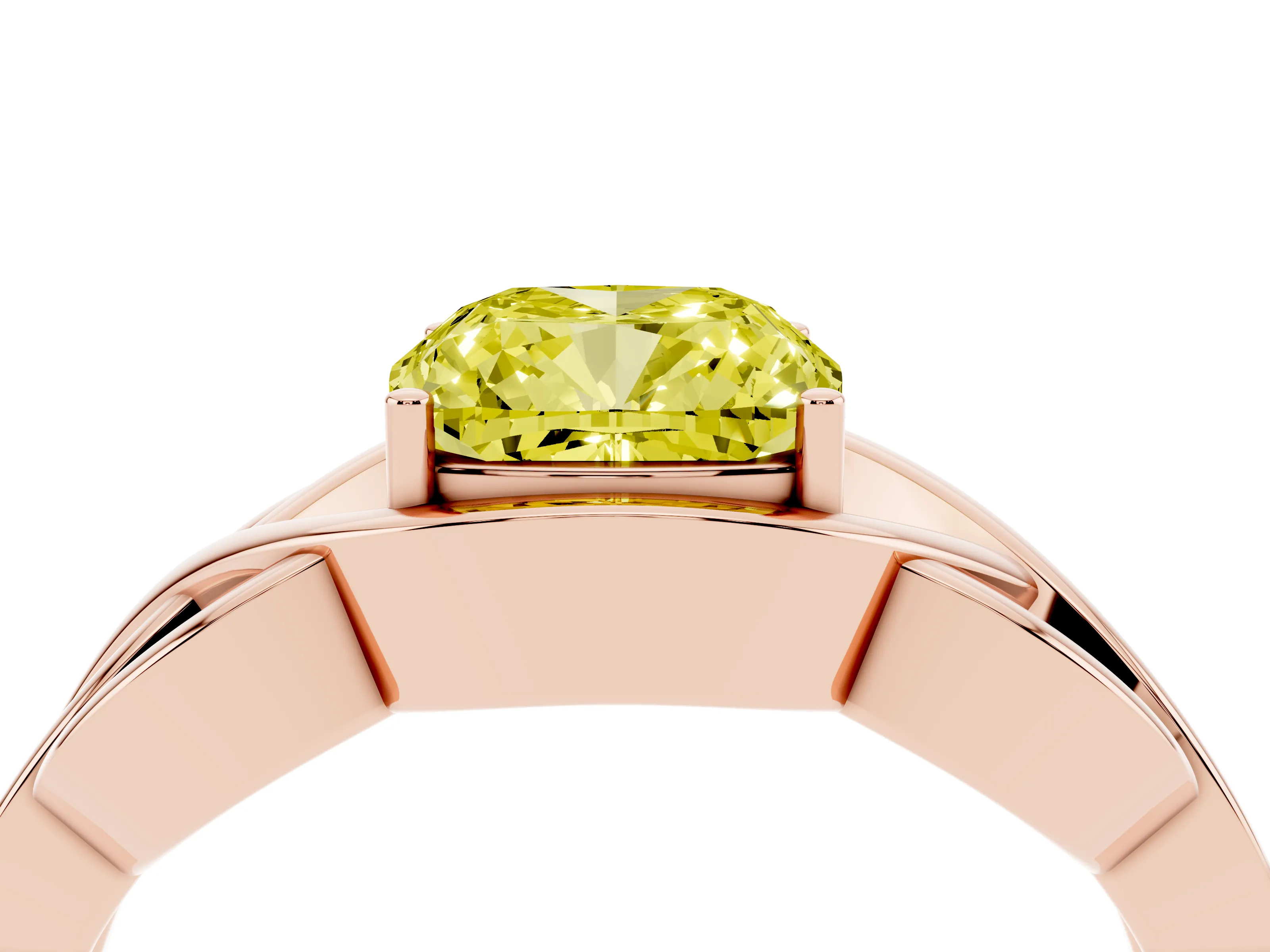 Fancy Yellow Cushion Cut Diamond Solitaire Ring Set in Rose gold with Intertwined Band