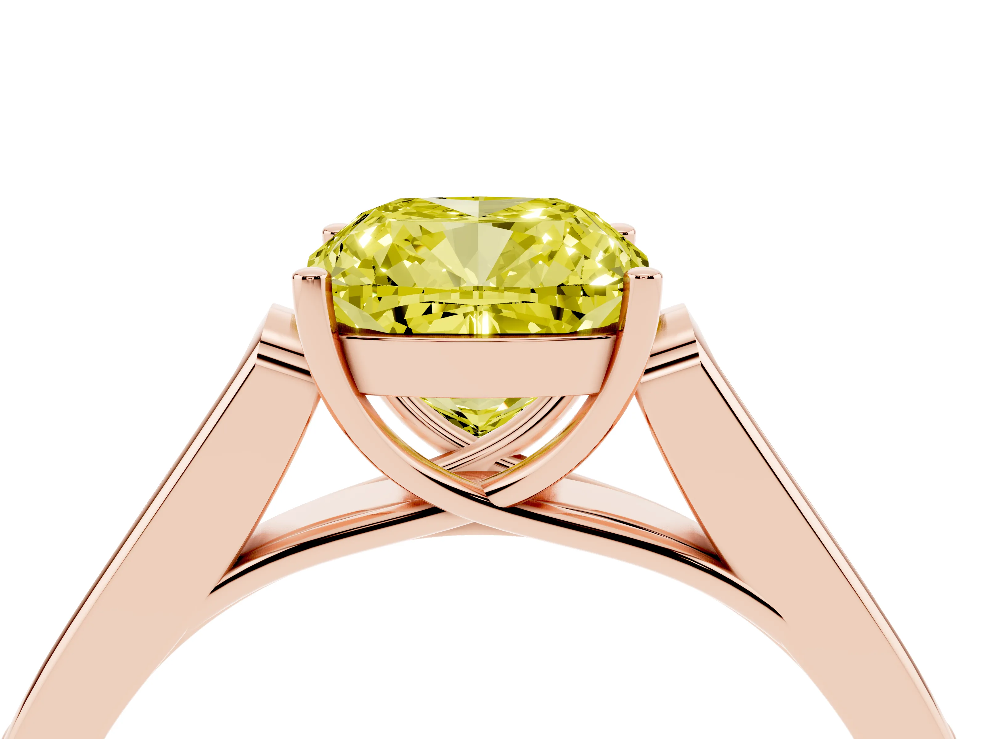 Fancy Yellow Cushion Cut Diamond Solitaire Cathedral Engagement Ring Set in Rose gold with Channel-Set Band and Prong Setting