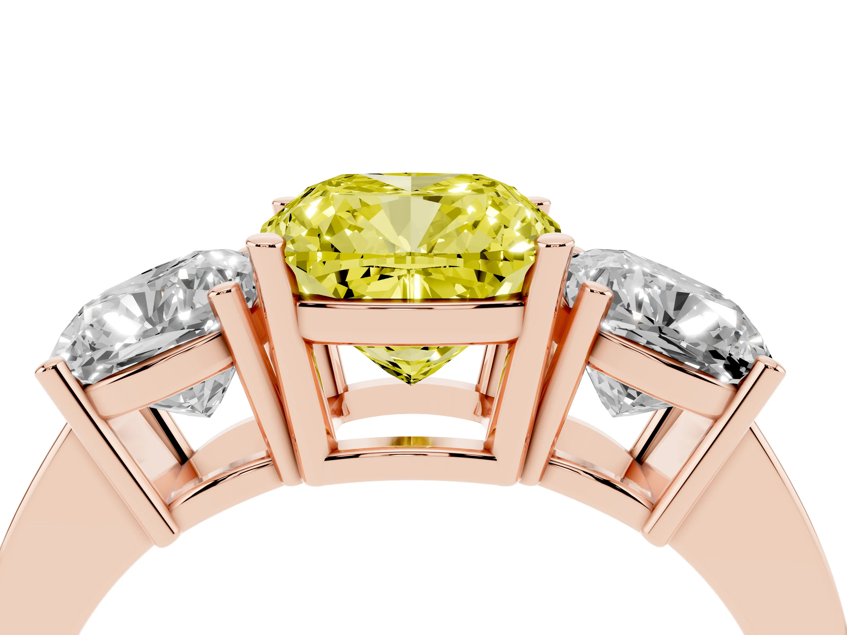 Fancy Yellow Cushion Cut Diamond Three-Stone Engagement Ring Set in Rose gold with Flat Band