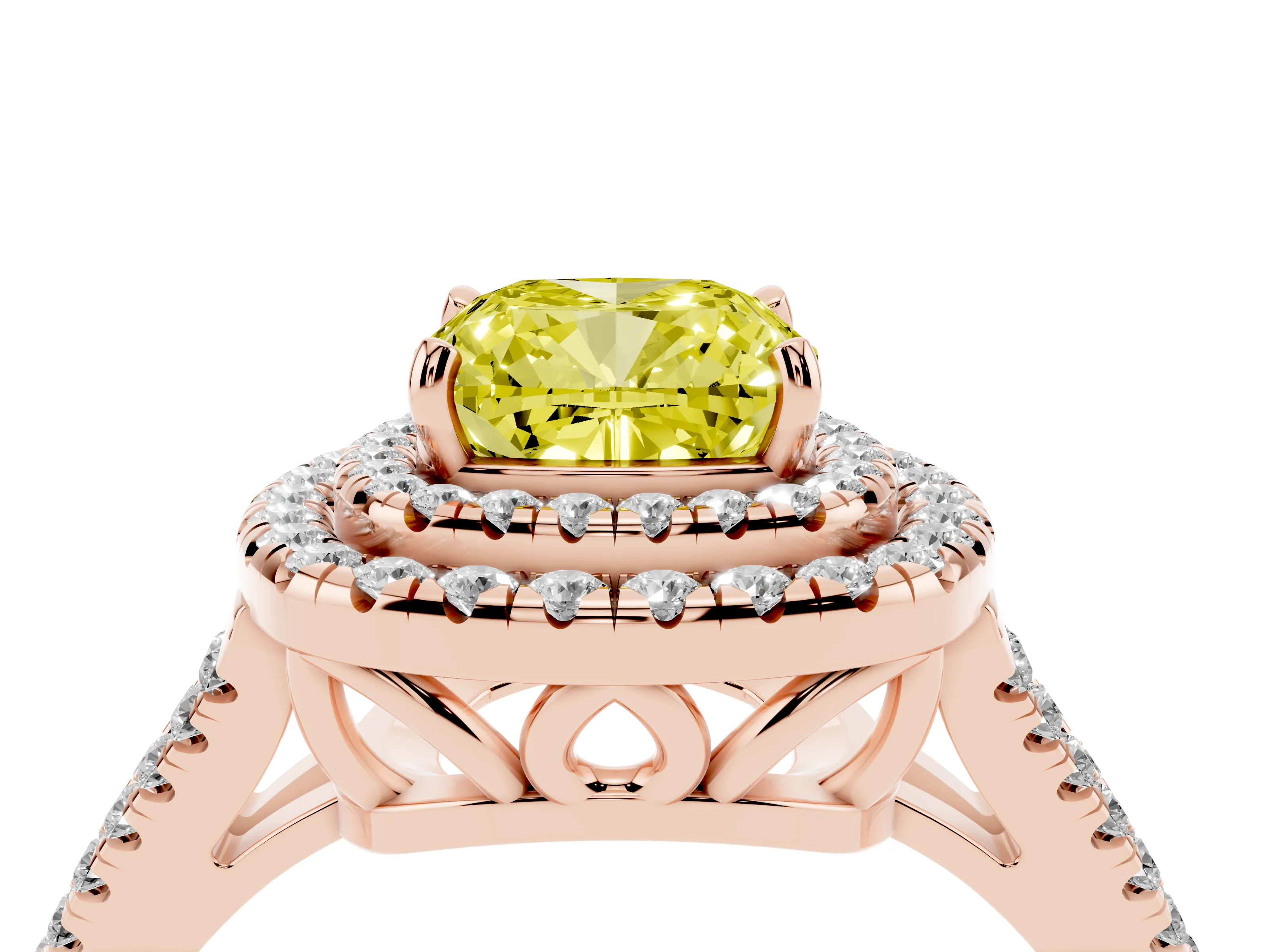 Fancy Yellow Cushion Cut Diamond Double Halo Ring Set in Rose gold with Pavé Band