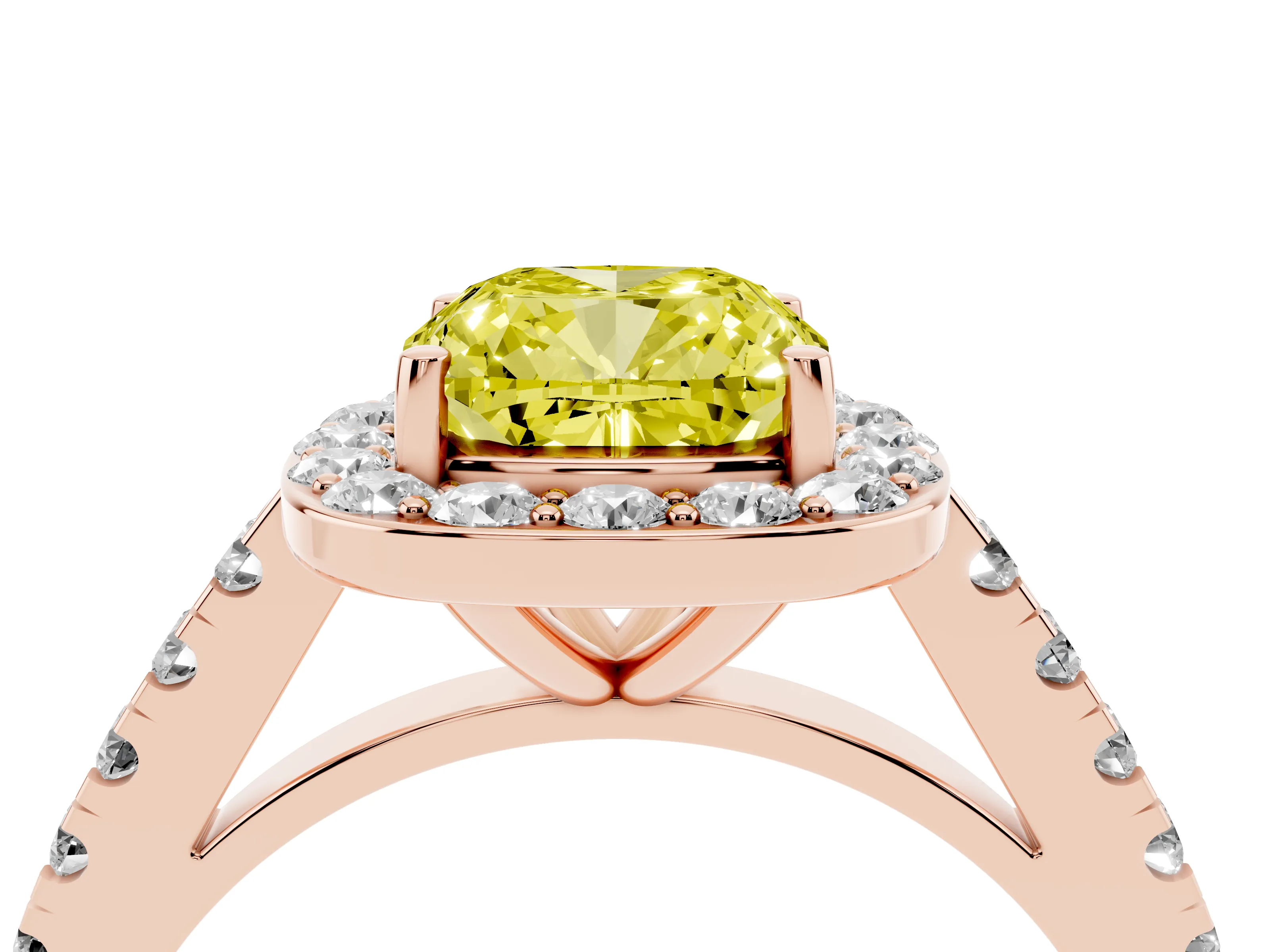 Fancy Yellow Cushion Cut Diamond Halo Ring Set in Rose gold with Round Pavé Split Shank and Prong Setting