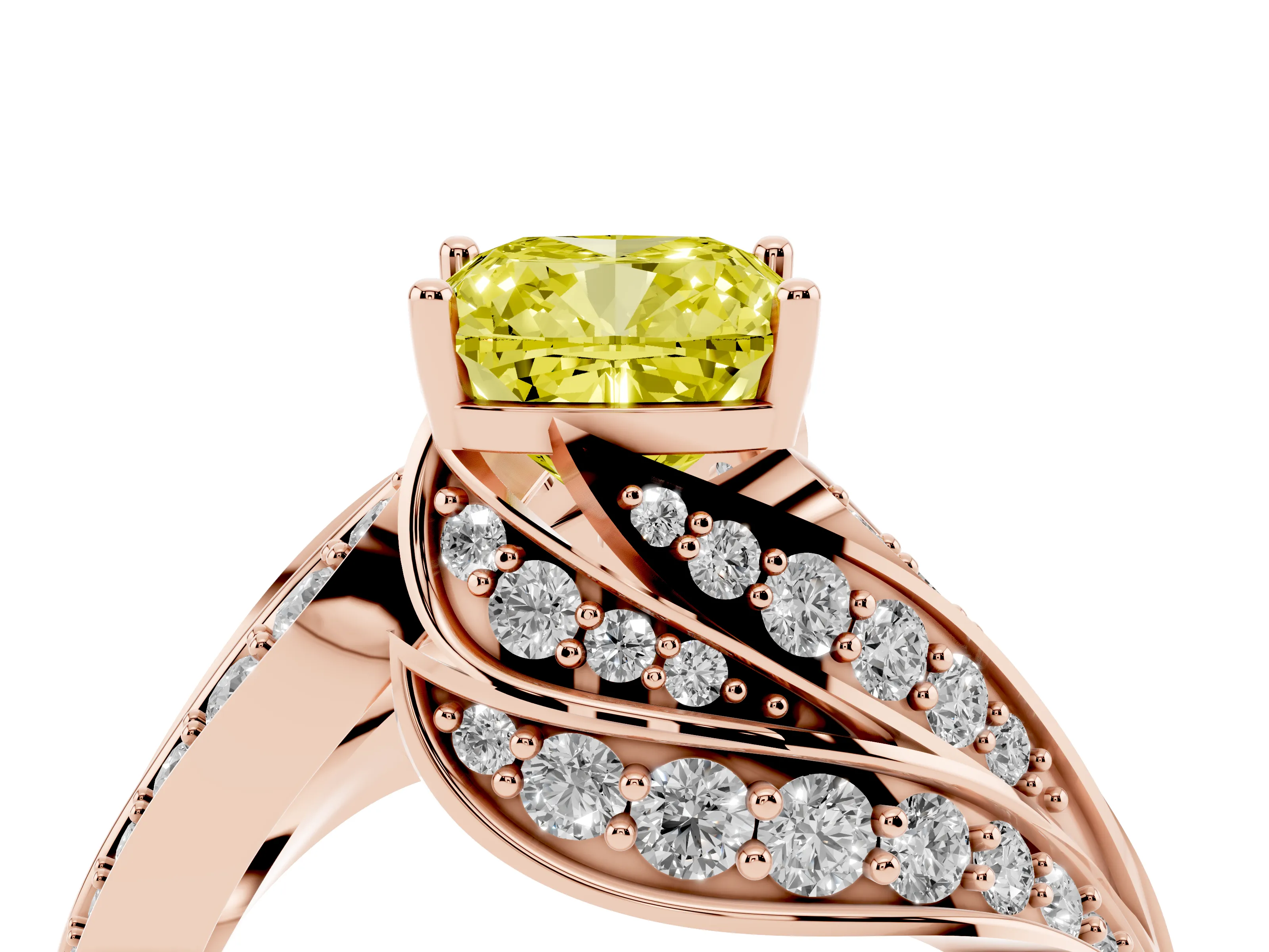 Fancy Yellow Cushion Cut Diamond Solitaire Ring Set in Rose gold with Layered Twist Pavé Band
