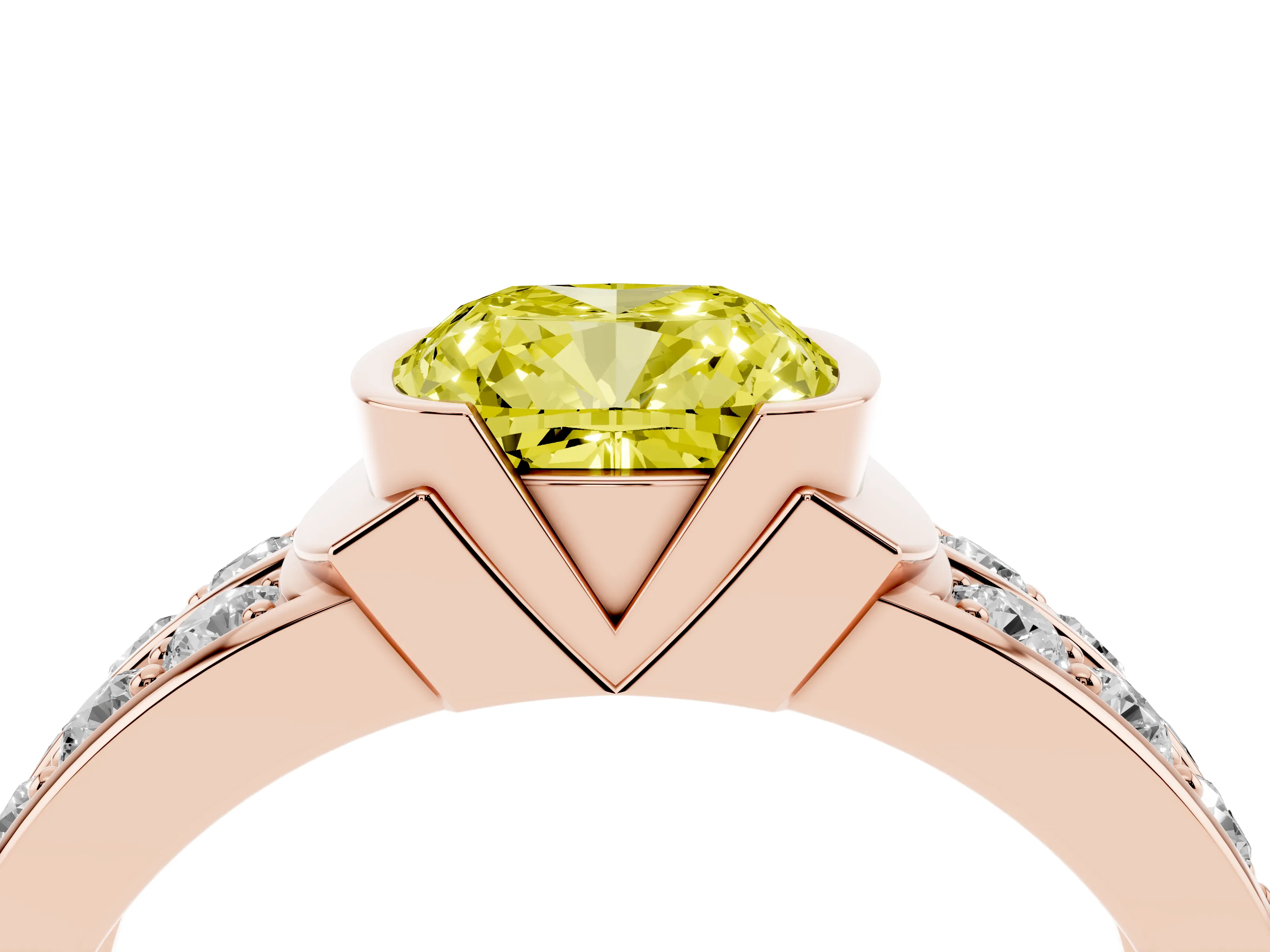 Fancy Yellow Cushion Cut Diamond Wide Channel Set Band Ring Set in Rose gold with Bezel Setting