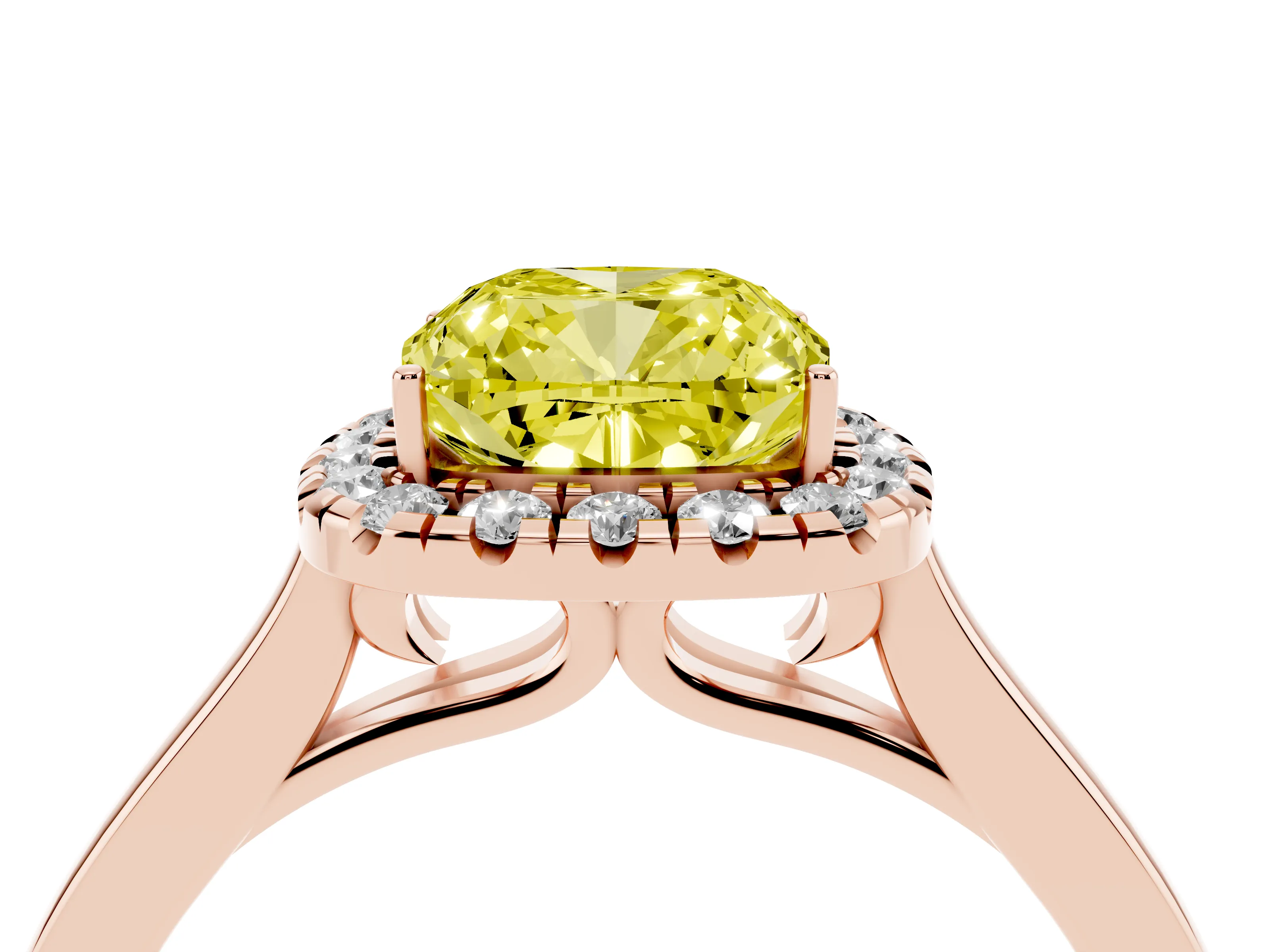Fancy Yellow Cushion Cut Halo Round Diamond Solitaire Ring Set in Rose gold with Pavé Band and Prong Setting