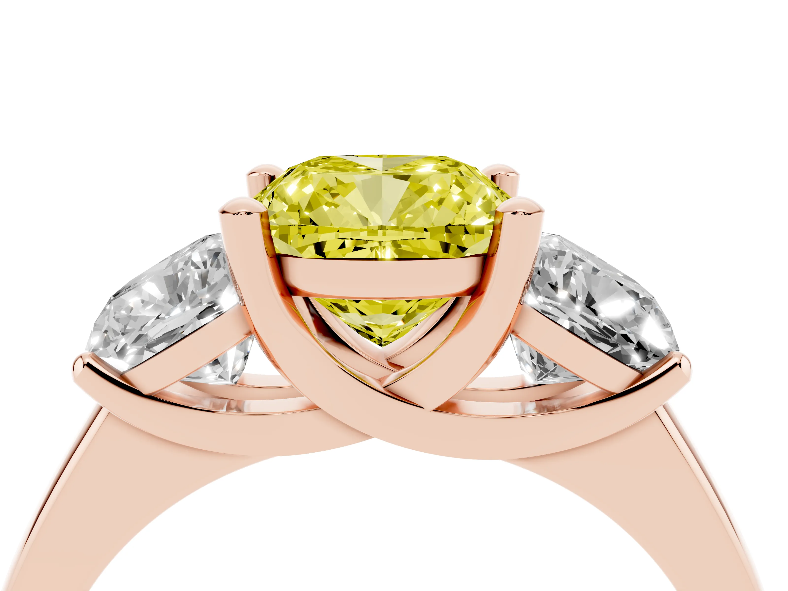 Fancy Yellow Cushion Cut Diamond Three-Stone Ring Set in Rose gold with Classic Prong Setting and Plain Band