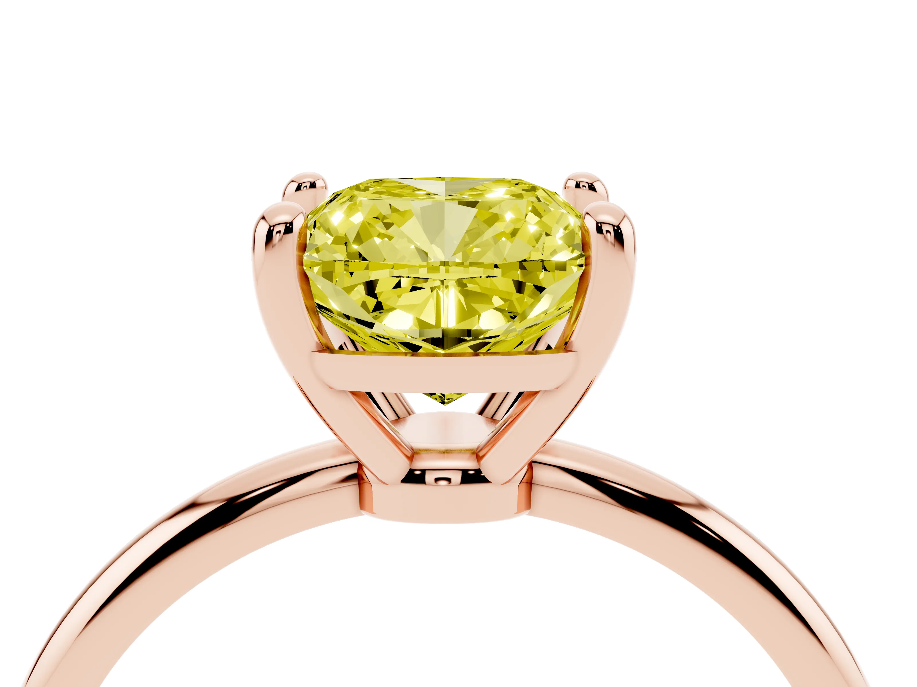 Fancy Yellow Cushion Cut Diamond Solitaire Ring Set in Rose gold with Secure Prong Setting on a Classic Band