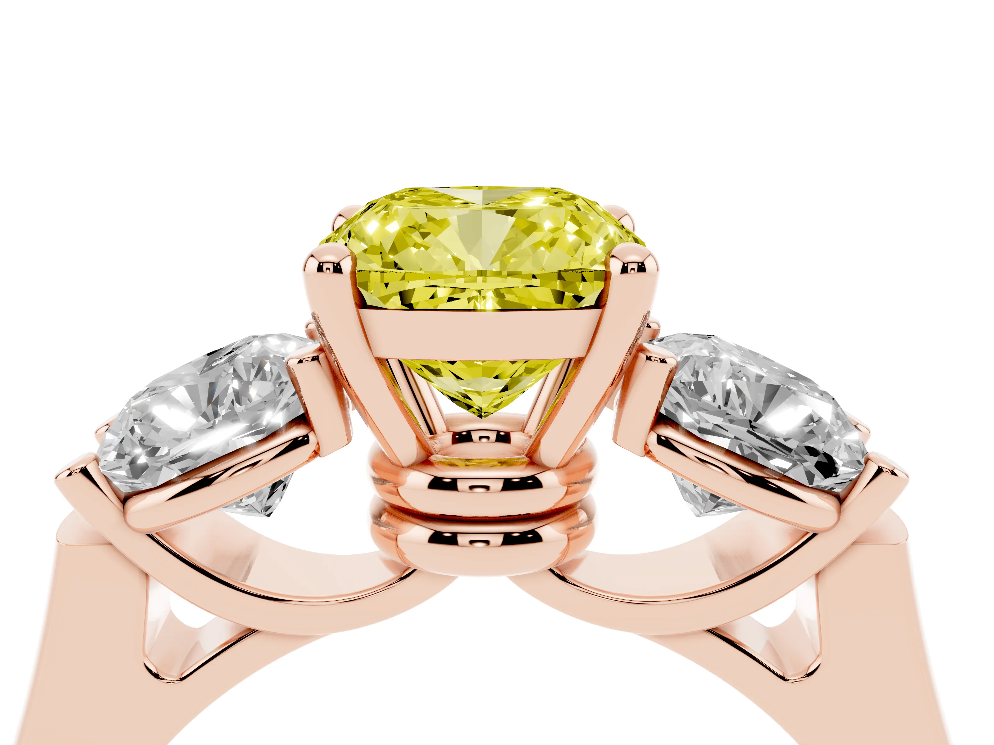Fancy Yellow Cushion Cut Diamond Three-Stone Trellis Ring Set in Rose gold with Comfort Fit Band