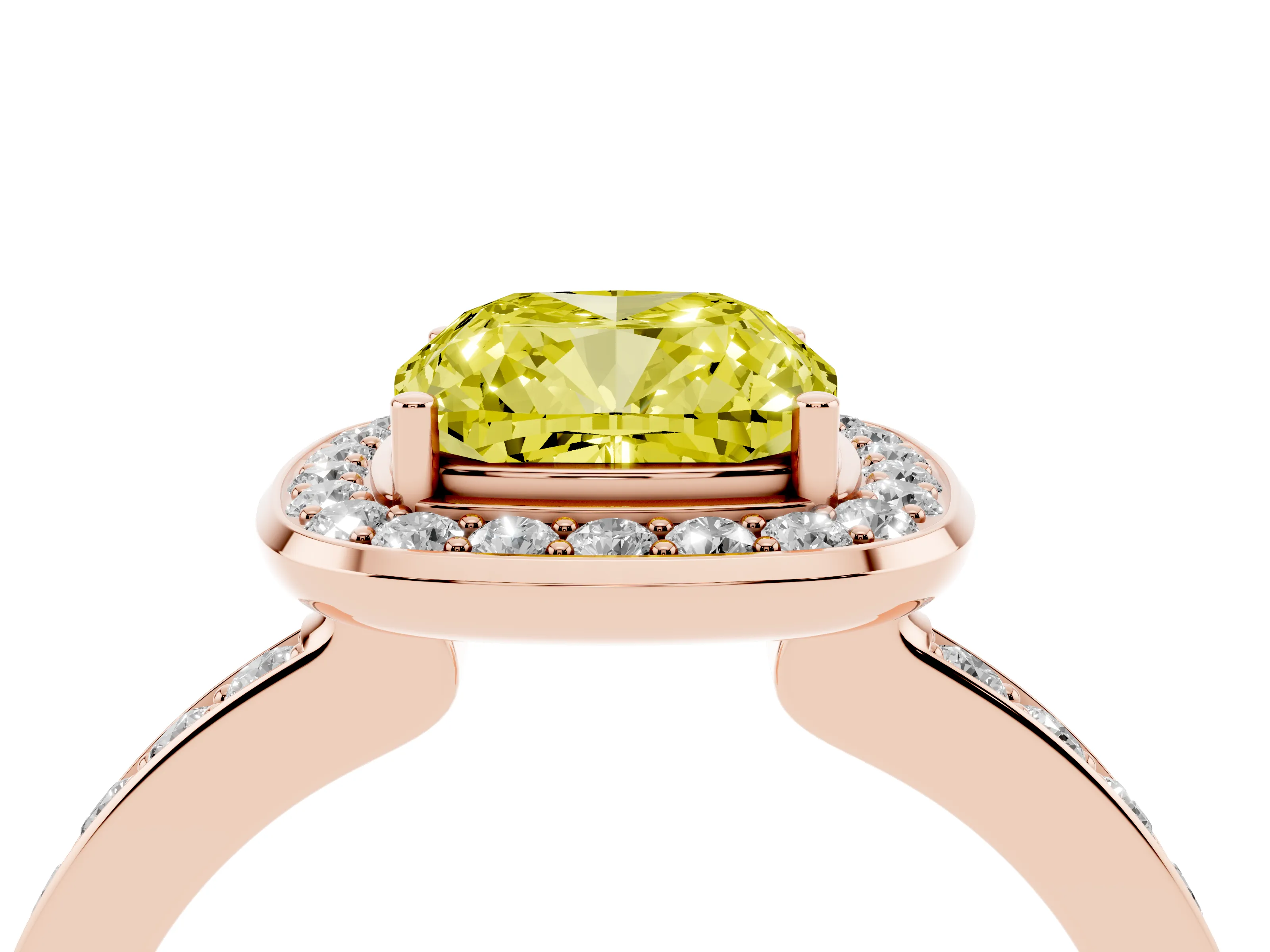 Fancy Yellow Cushion Cut Diamond Halo Ring Set in Rose gold with Bezel Frame and Pavé Band