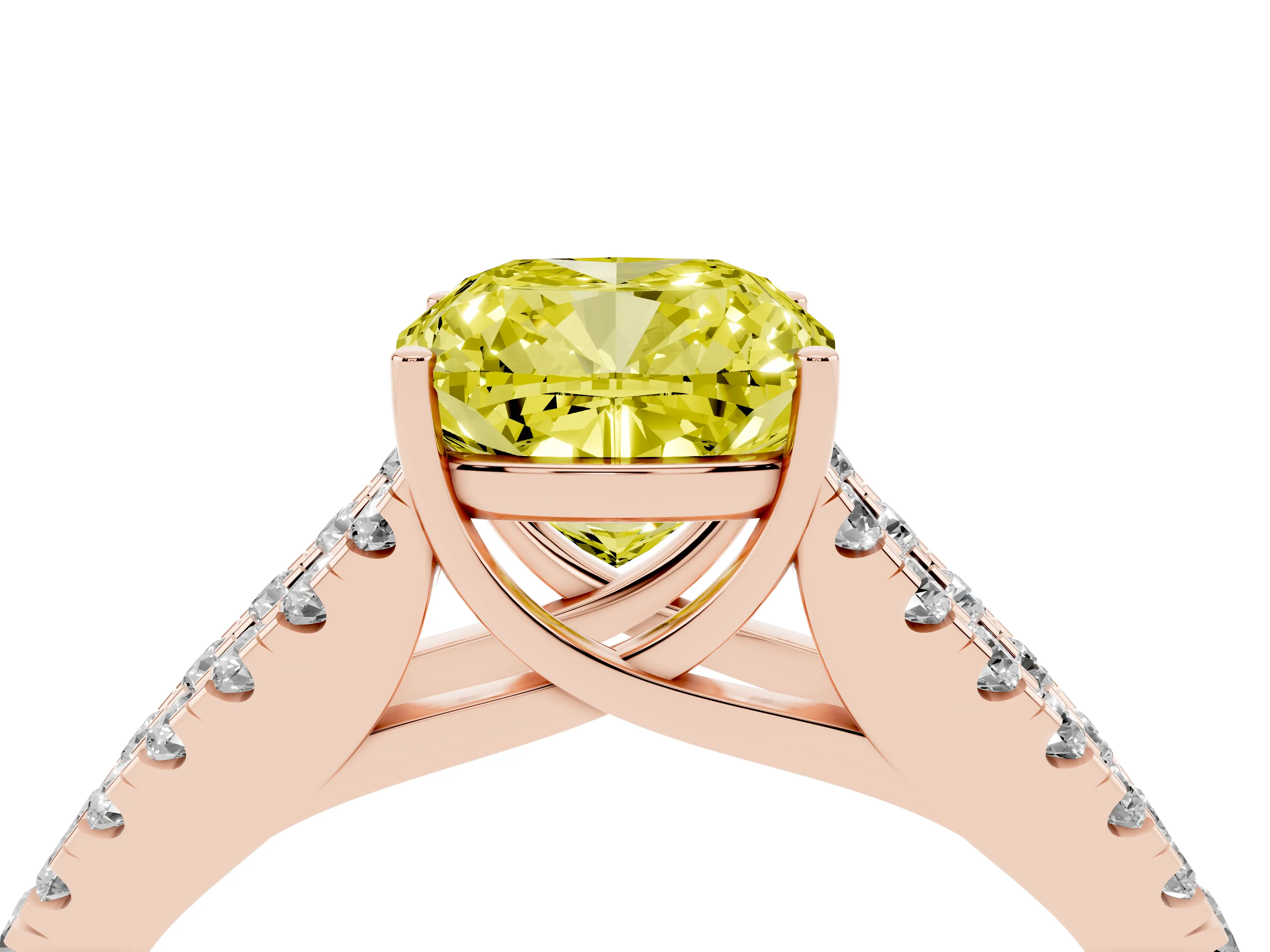 Fancy Yellow Cushion Cut Diamond Split Shank Pavé Engagement Ring Set in Rose gold with Prong-Held Center Stone