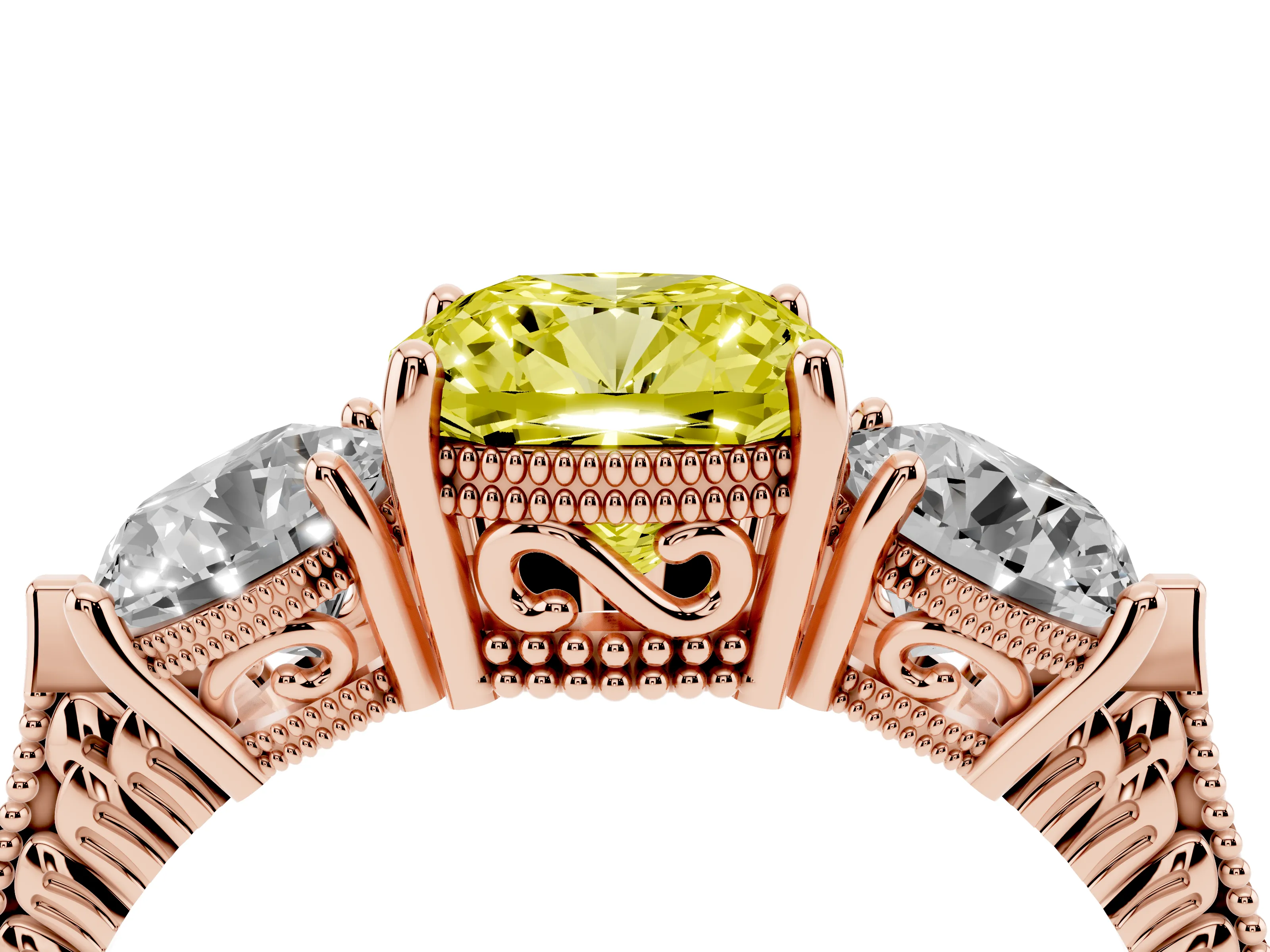 Fancy Yellow Cushion Cut Diamond Three-Stone Ring Set in Rose gold with Milgrain Band