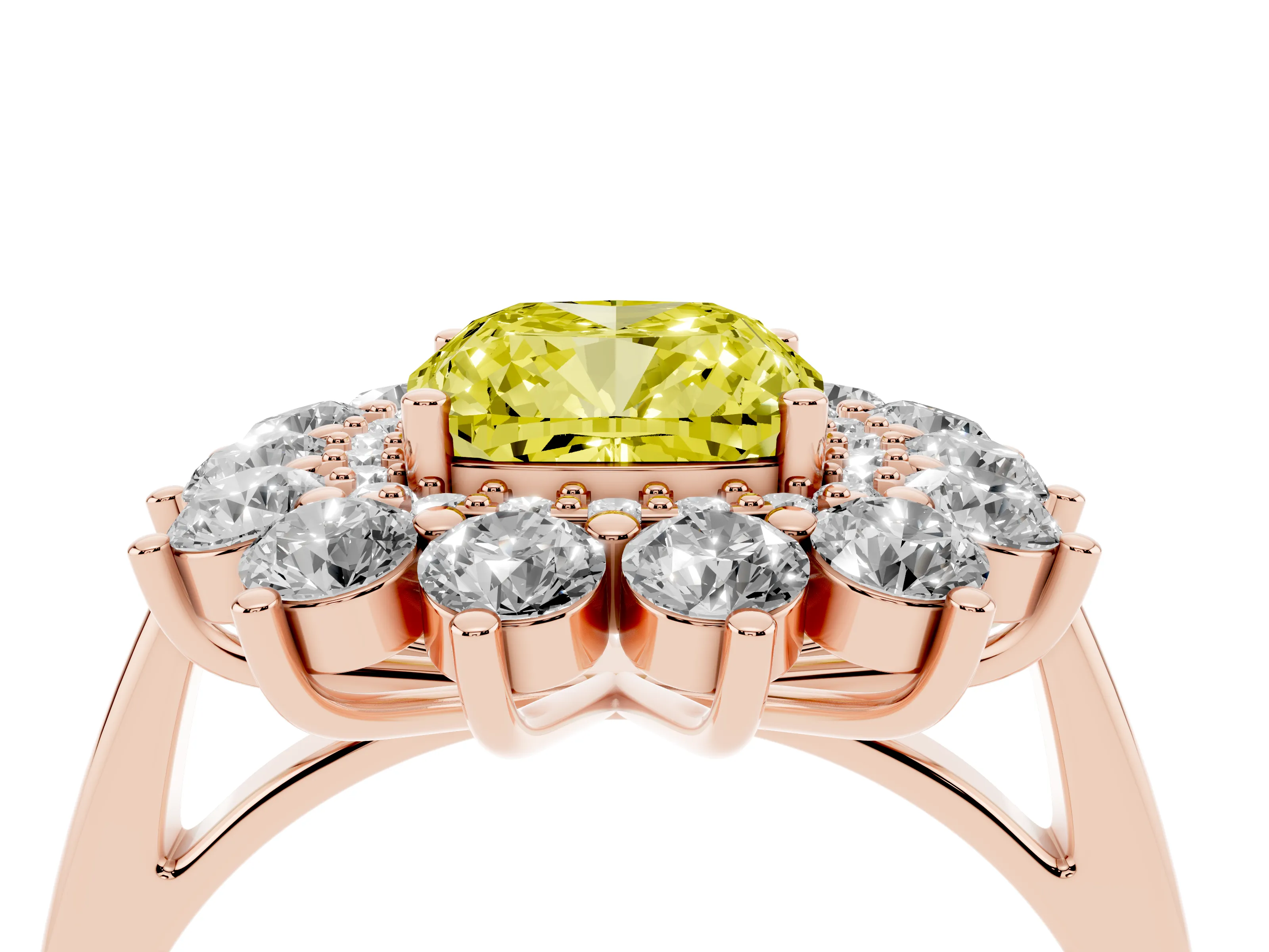 Fancy Yellow Cushion Cut Diamond Floral Double Halo Ring Set in Rose gold with Round Petals