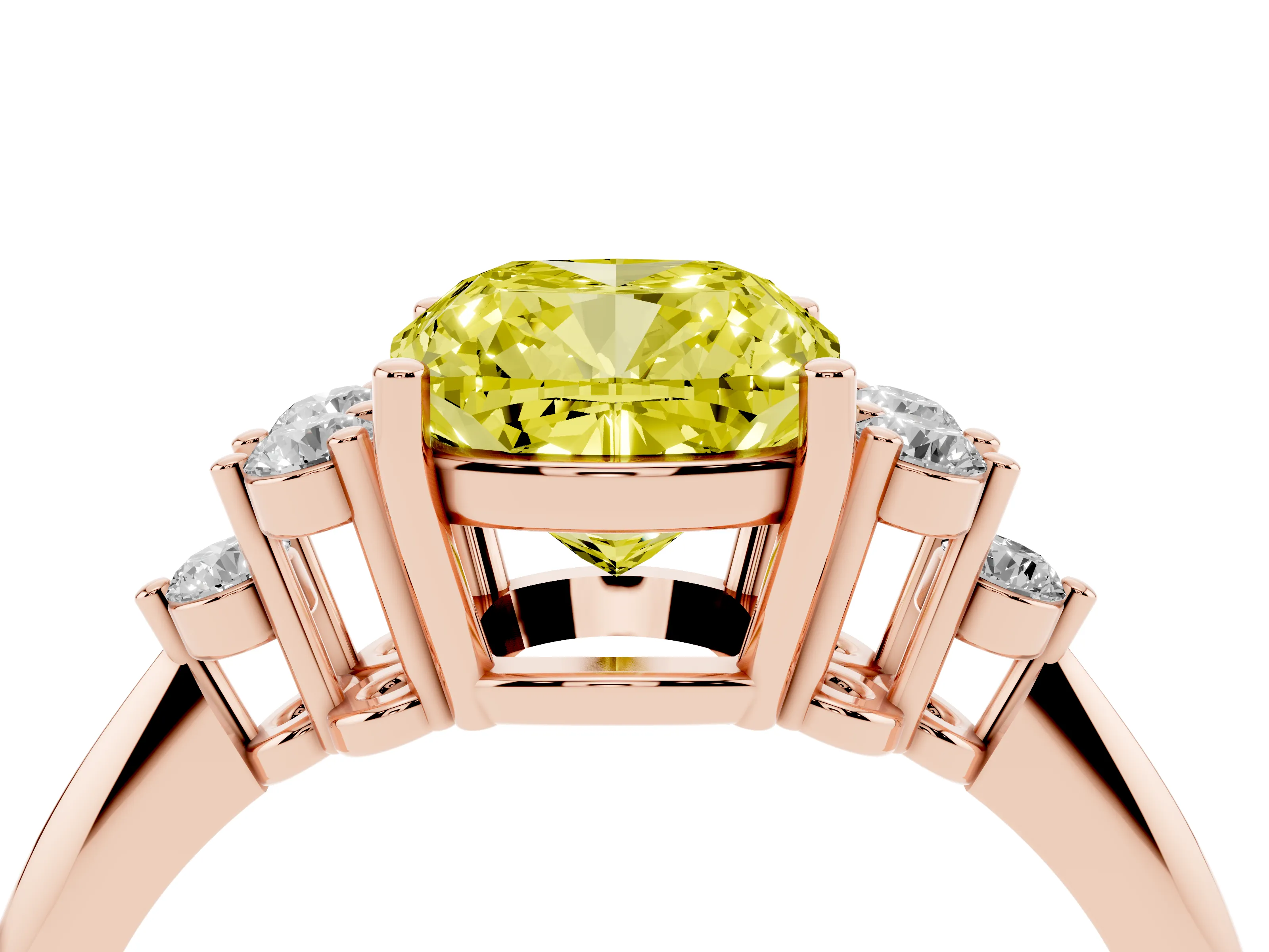 Fancy Yellow Cushion Cut Diamond Cluster Ring Set in Rose gold with Plain Band and Prong Setting