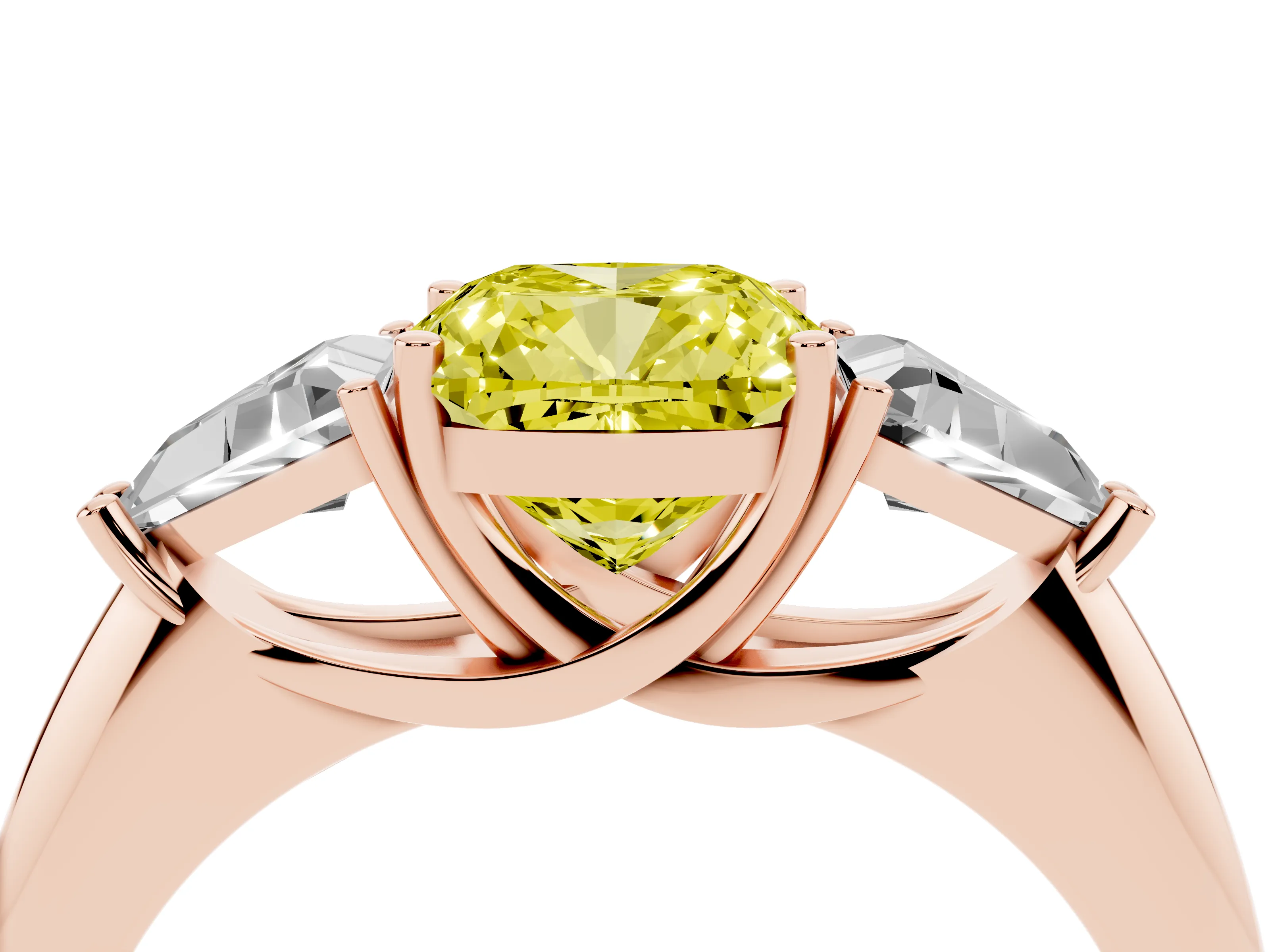 Fancy Yellow Cushion Cut Diamond Three-Stone Engagement Ring Set in Rose gold with Trillion Side Stones