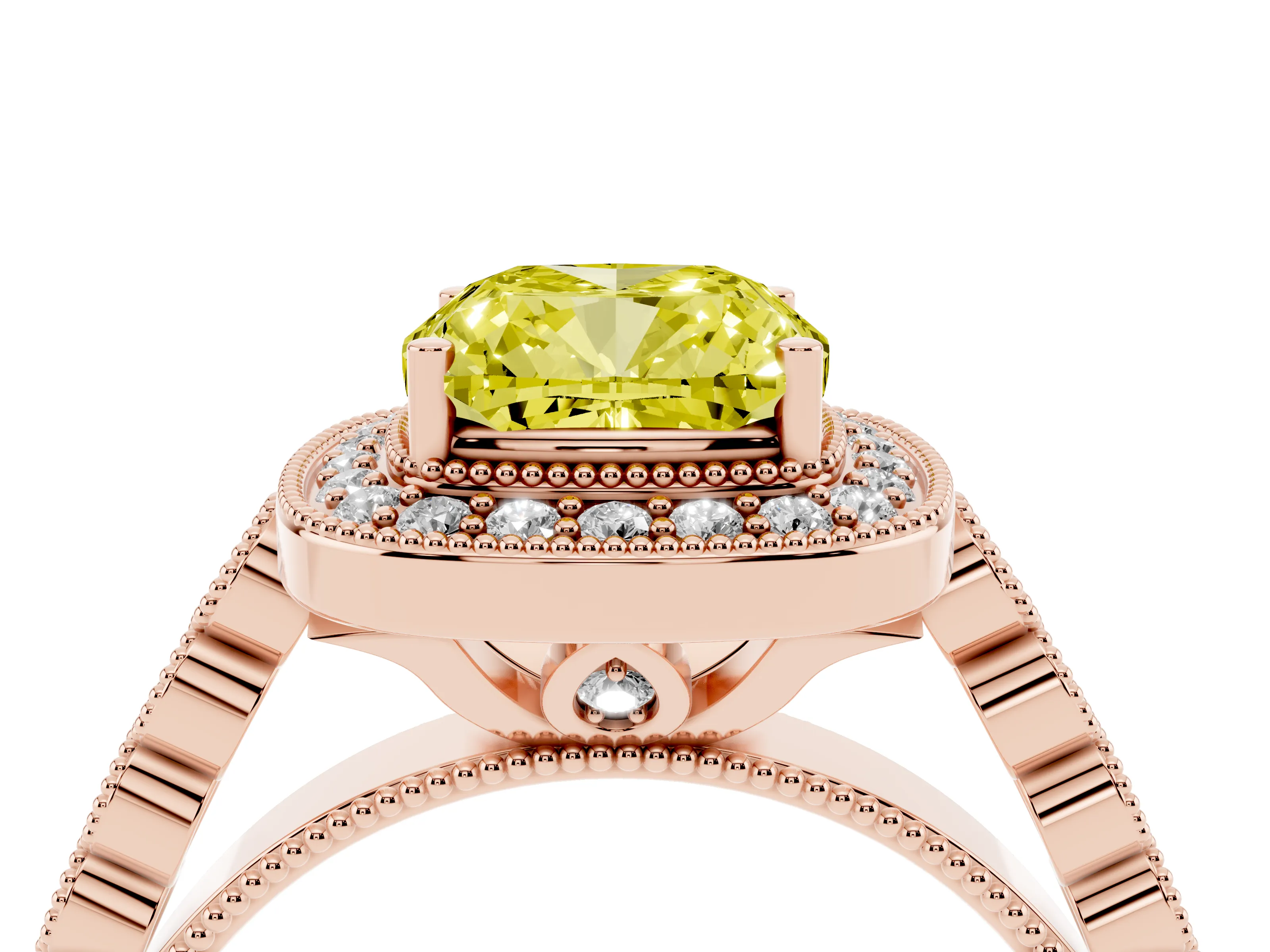 Fancy Yellow Cushion Cut Diamond Milgrain Halo Solitaire Ring Set in Rose gold with Bezel Set Side Stones and Pavé Band