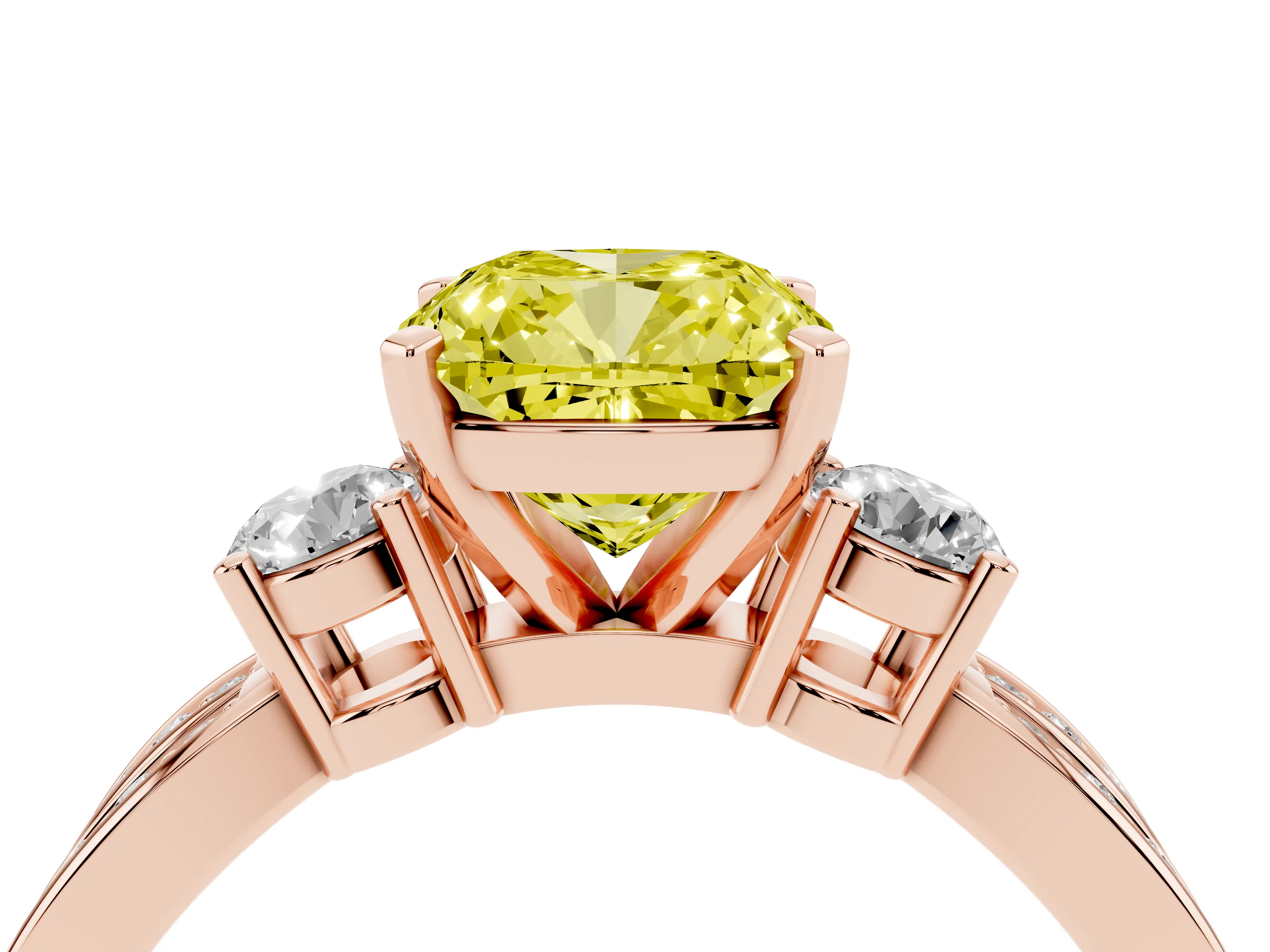 Fancy Yellow Three-Stone Cushion Cut Diamond Twist Band Ring Set in Rose gold with Pavé Accents and Prong Setting