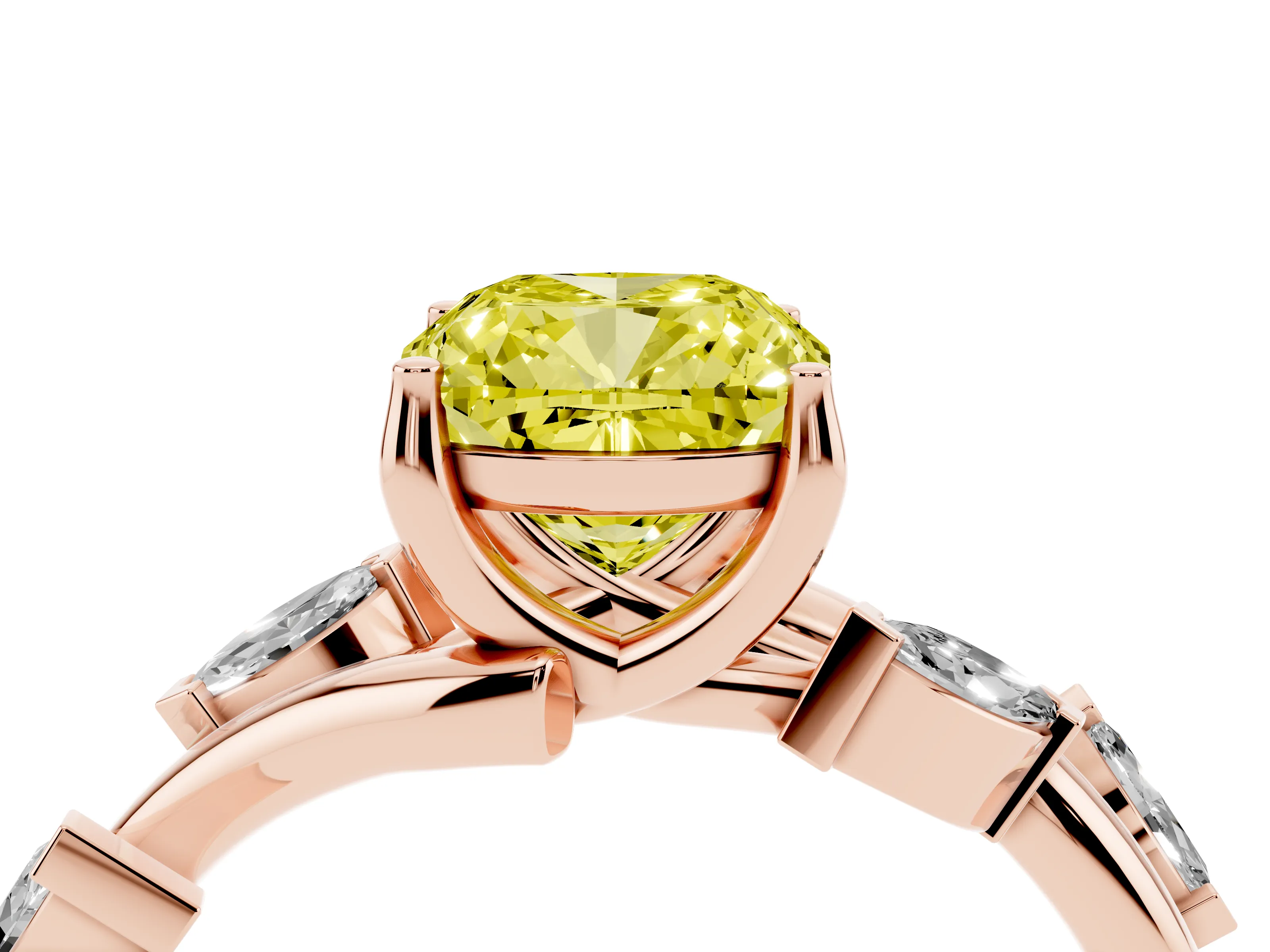 Fancy Yellow Cushion Cut Diamond Solitaire Ring Set in Rose gold with Twisted Marquise Accent Band
