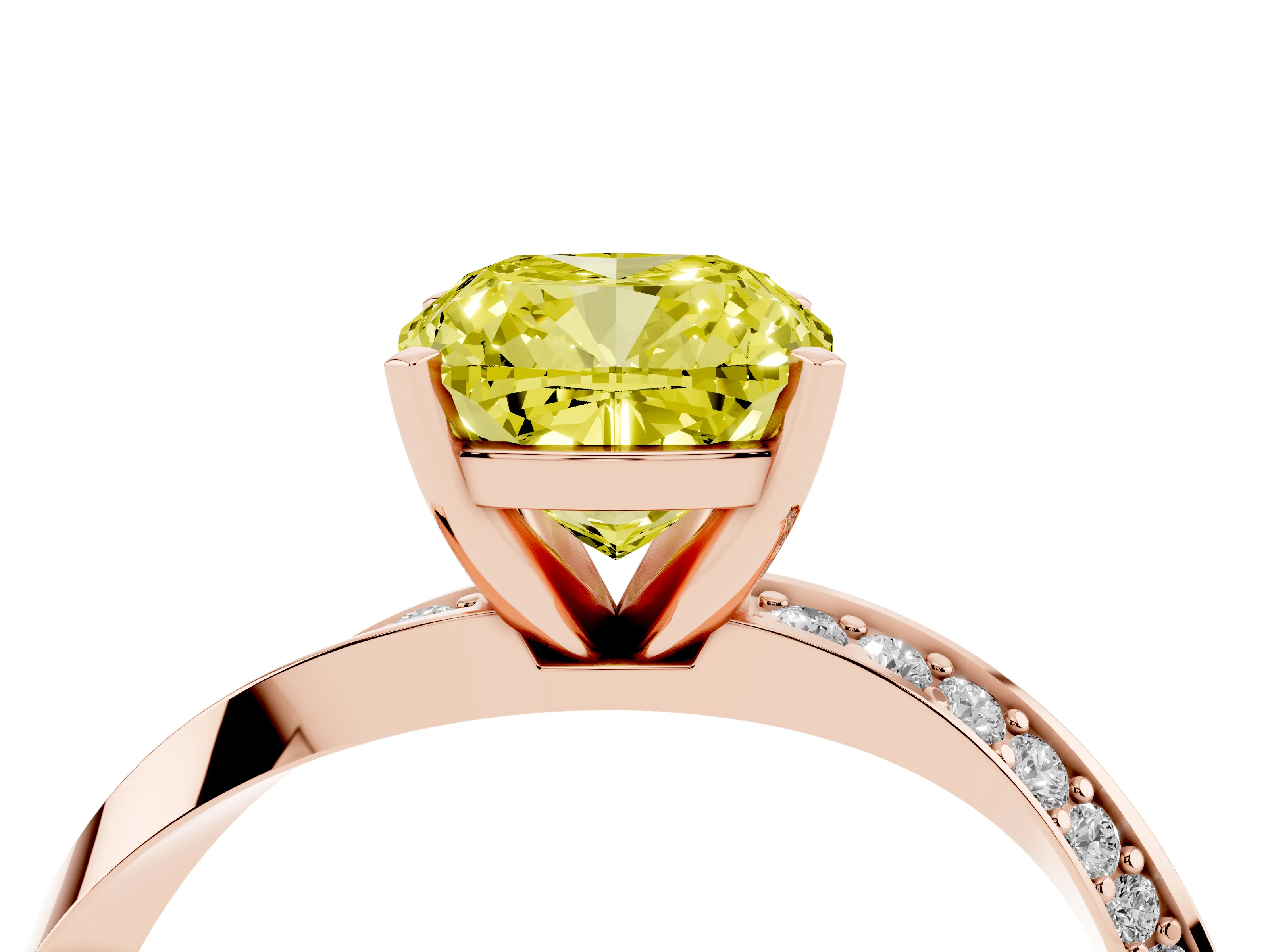 Fancy Yellow Cushion Cut Diamond Engagement Ring Set in Rose gold with Side Stone Accents and Prong Setting