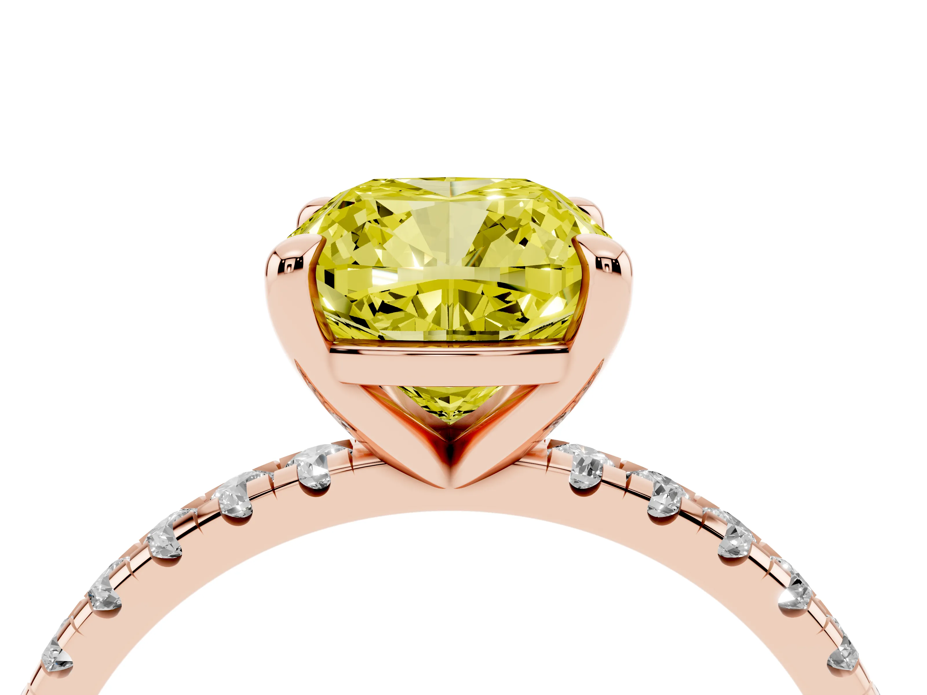 Fancy Yellow Cushion Cut Diamond Brilliant Solitaire Ring Set in Rose gold with Pavé Band and Prong Setting