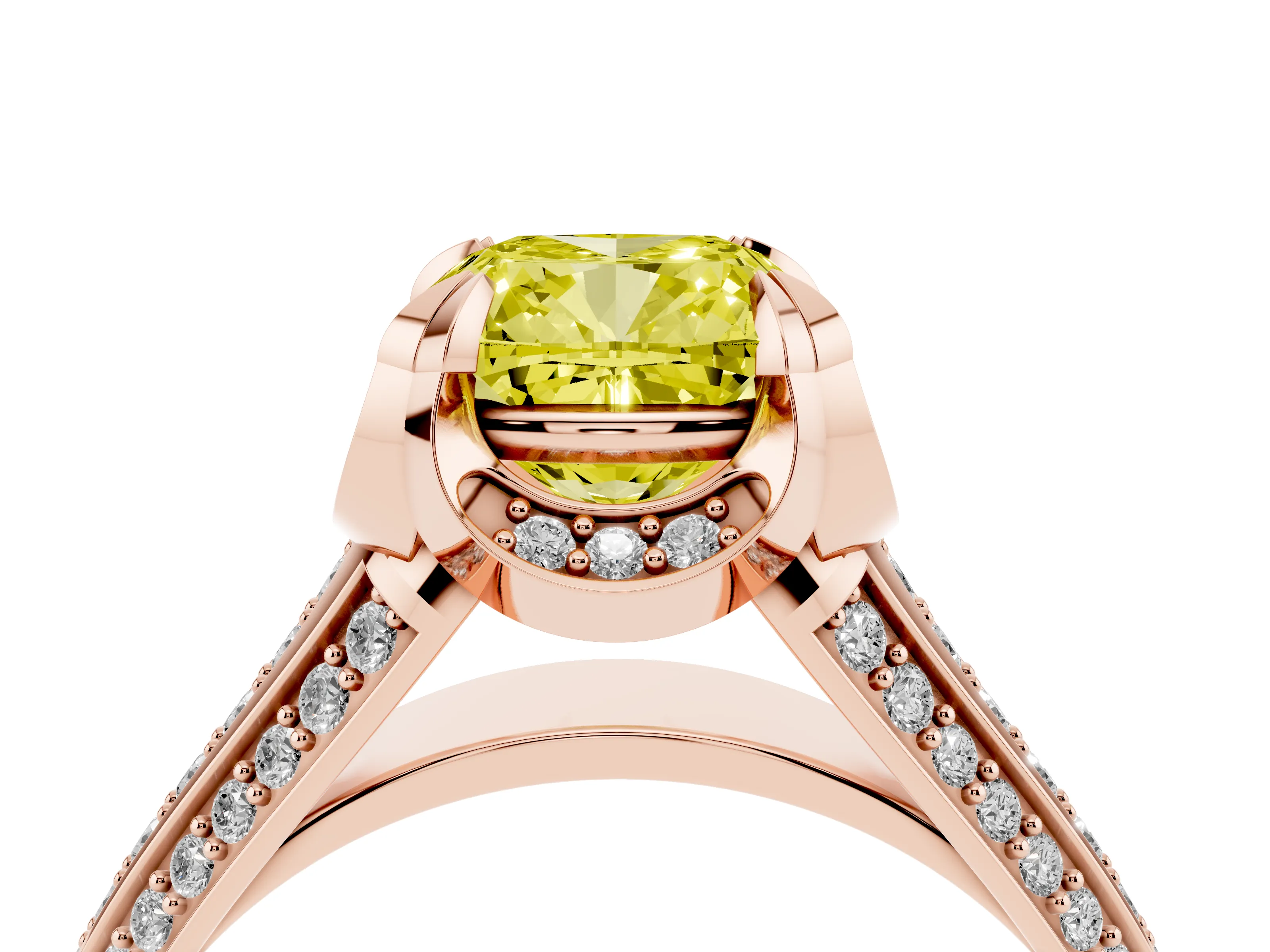 Fancy Yellow Cushion Cut Diamond Pavé Split Shank Solitaire Ring Set in Rose gold with Prong Setting