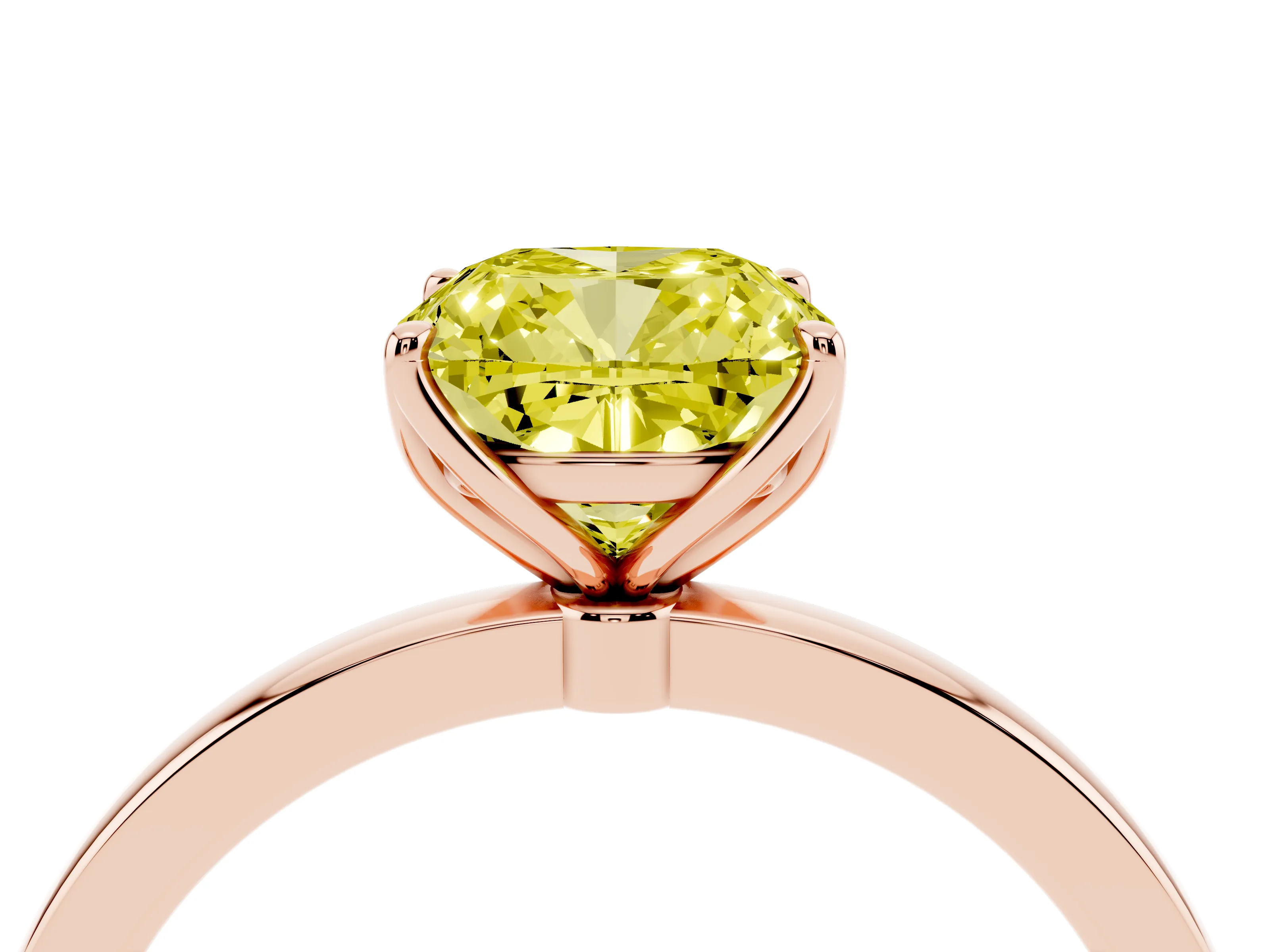 Fancy Yellow Cushion Cut Diamond Solitaire Ring Set in Rose gold with Prong Setting and Thin Polished Band