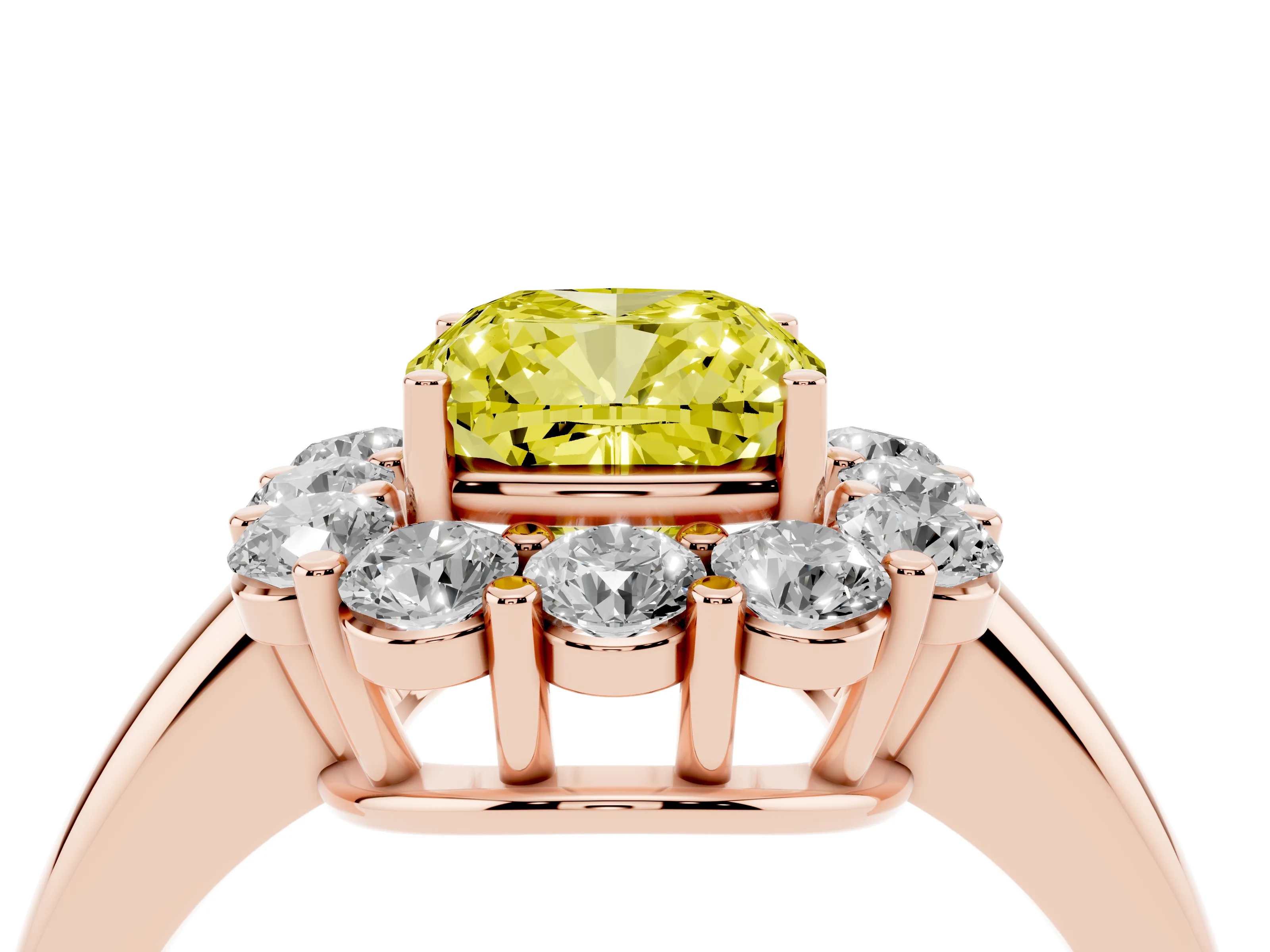 Fancy Yellow Cushion Cut Diamond Halo Cluster Engagement Ring Set in Rose gold with Polished Band and Prong Setting