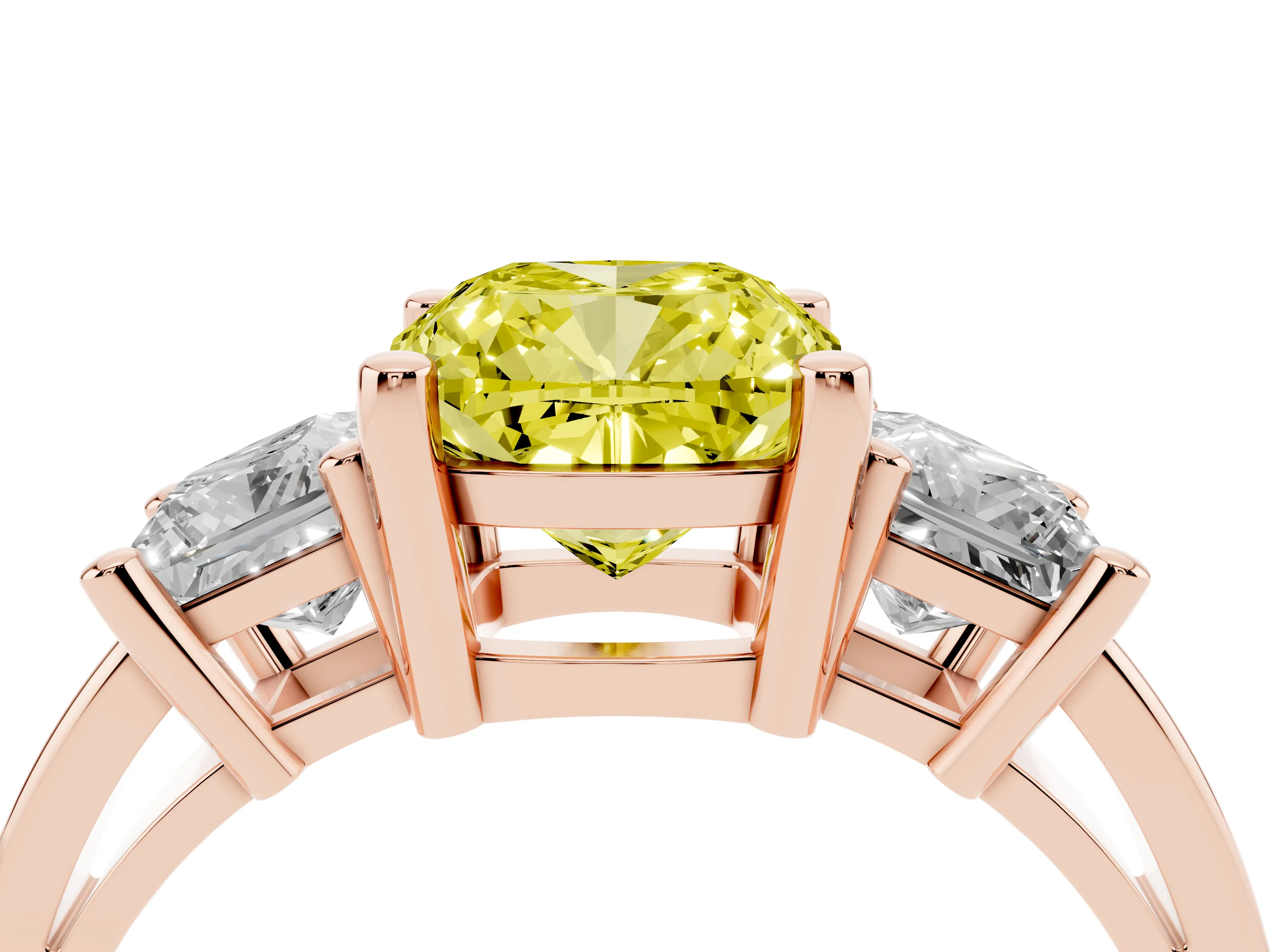 Fancy Yellow Three-Stone Cushion Cut Diamond Solitaire Ring Set in Rose gold with Prong Setting