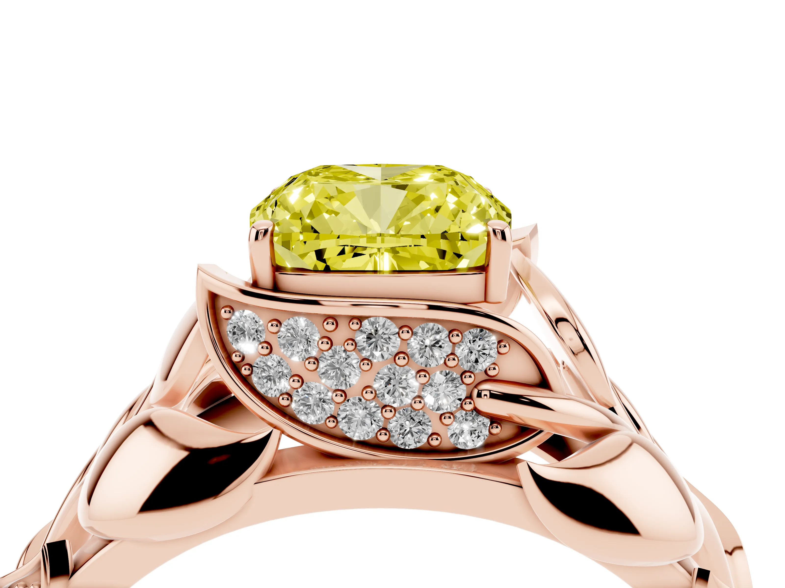 Fancy Yellow Cushion Cut Diamond Leaf-Inspired Engagement Ring Set in Rose gold with Round Accents