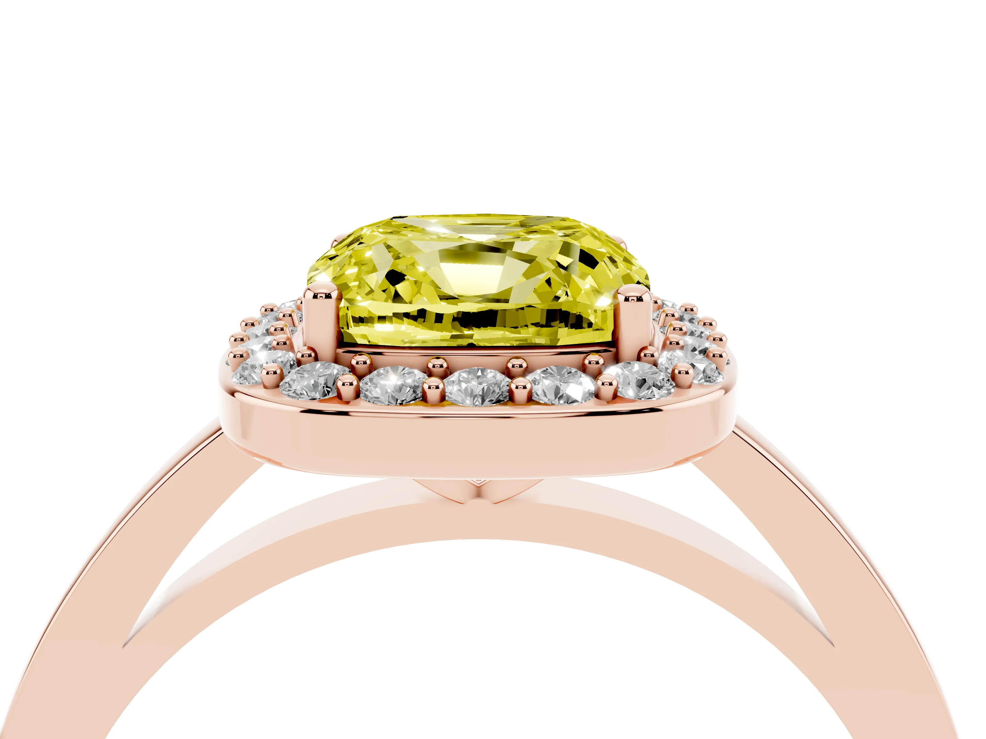 Fancy Yellow Cushion Cut Diamond Halo Ring Set in Rose gold with Solitaire Band and Prong Setting