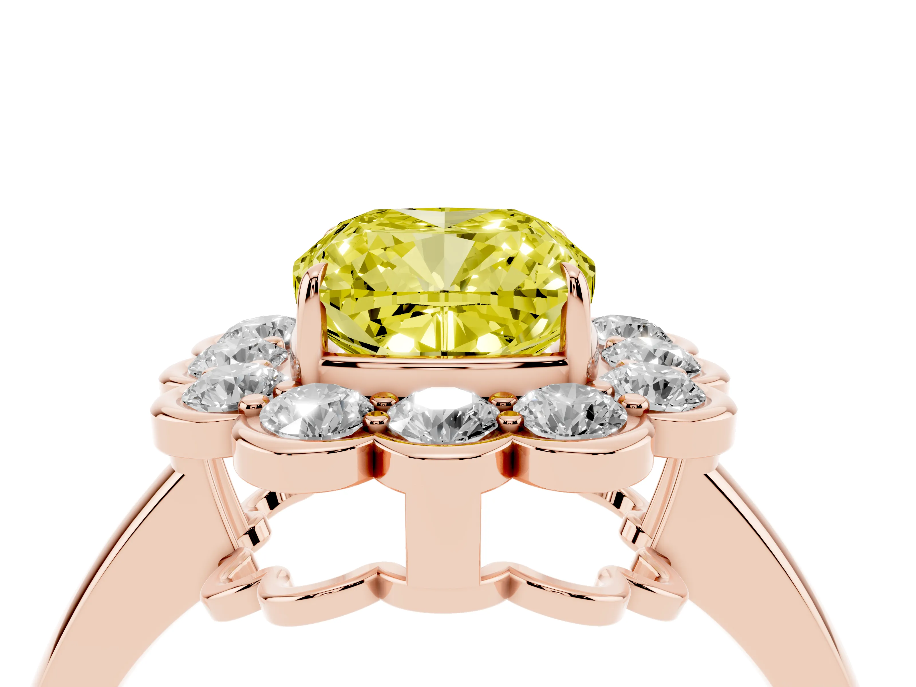 Fancy Yellow Cushion Cut Diamond Halo Cluster Engagement Ring Set in Rose gold with Solitaire Band and Prong Setting