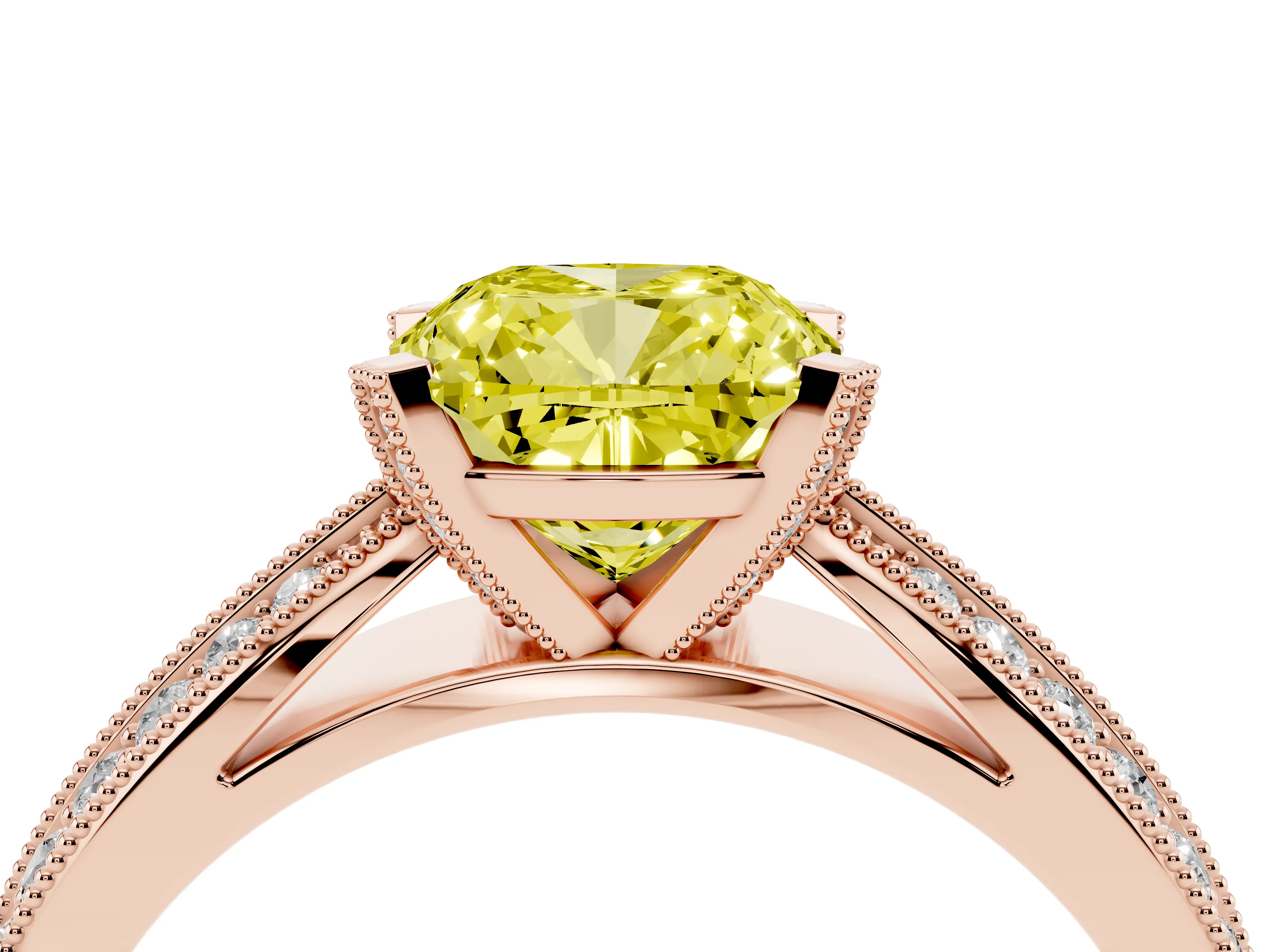 Fancy Yellow Cushion Cut Diamond Solitaire Ring Set in Rose gold with Milgrain Double Row Round Pavé Band