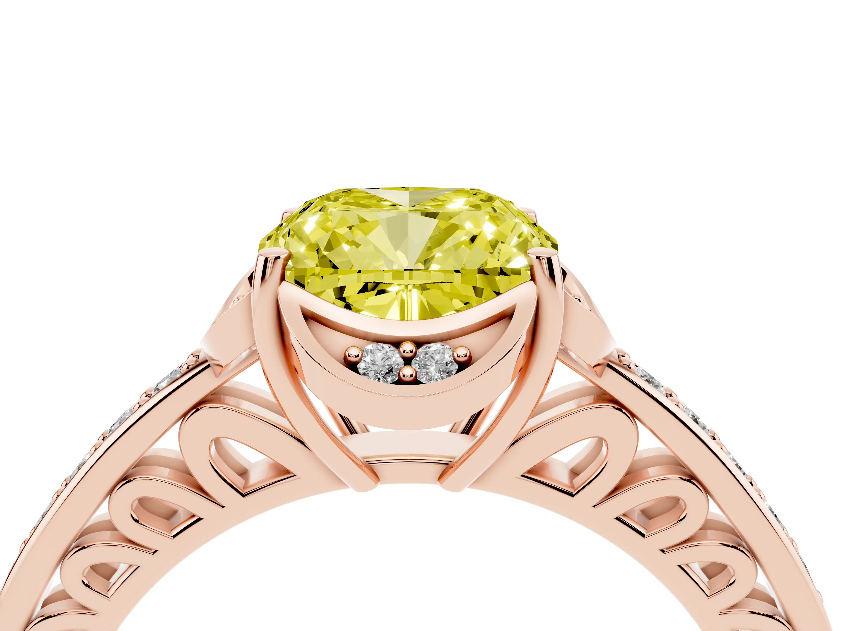 Fancy Yellow Cushion Cut Diamond Halo Ring Set in Rose gold with Channel Set Band and Prong Setting