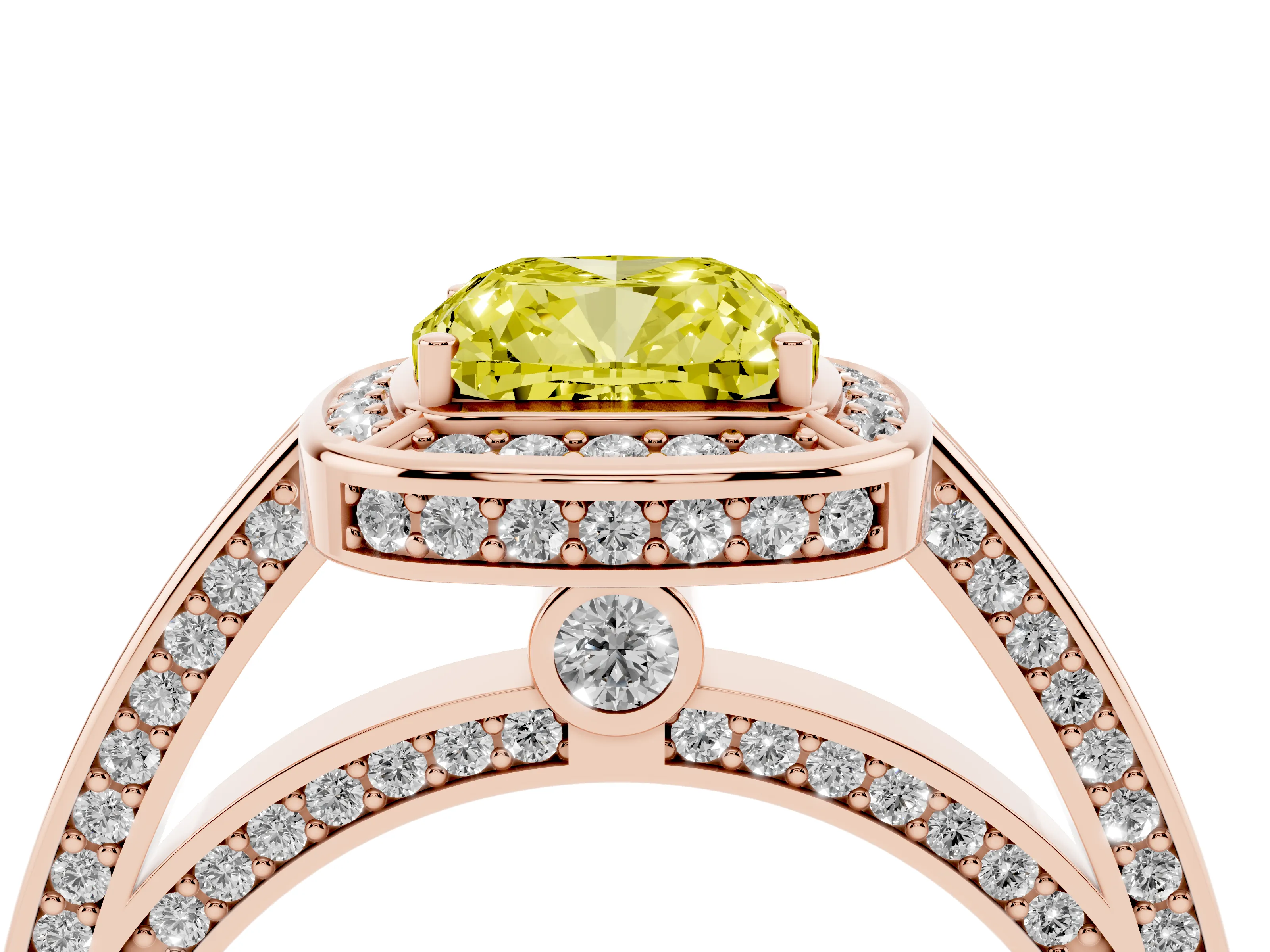 Fancy Yellow Cushion Cut Diamond Halo Pavé Split Shank Ring Set in Rose gold with Prong Setting