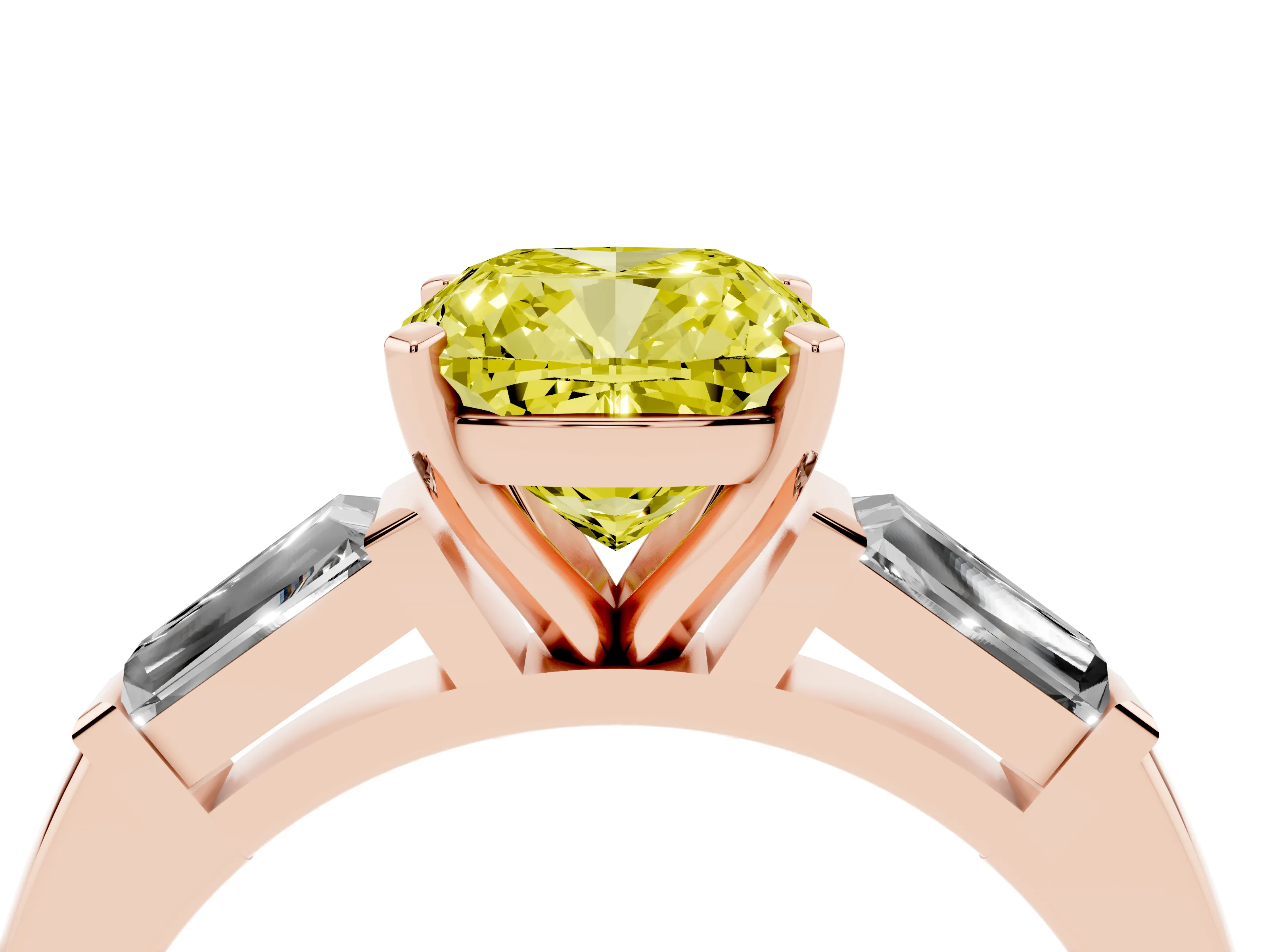 Fancy Yellow Cushion Cut Diamond Solitaire Ring Set in Rose gold with Tapered Baguette Side Stones and Prong Setting