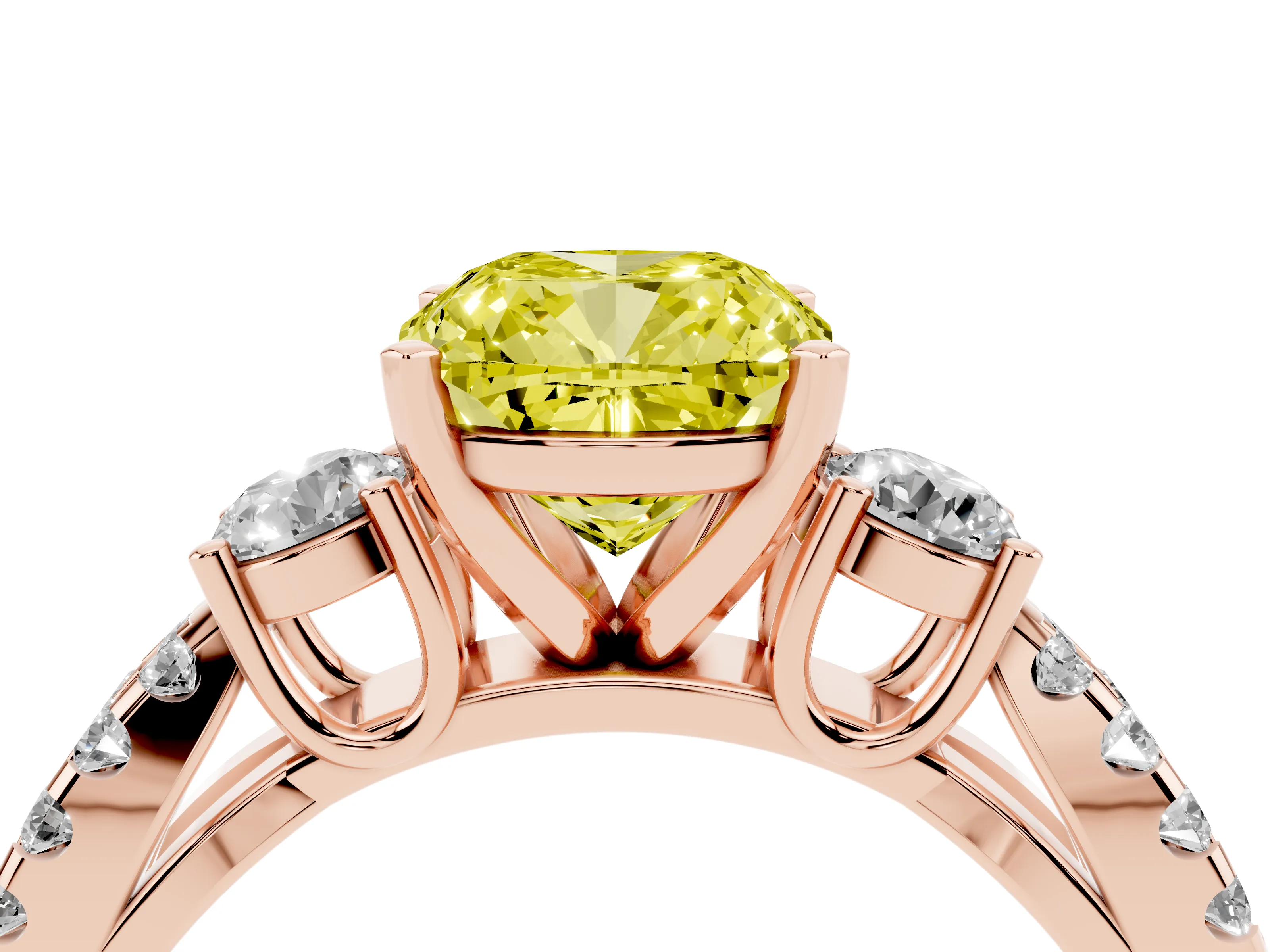 Fancy Yellow Cushion Cut Diamond Three-Stone Ring Set in Rose gold with Pavé Split Shank and Prong Setting