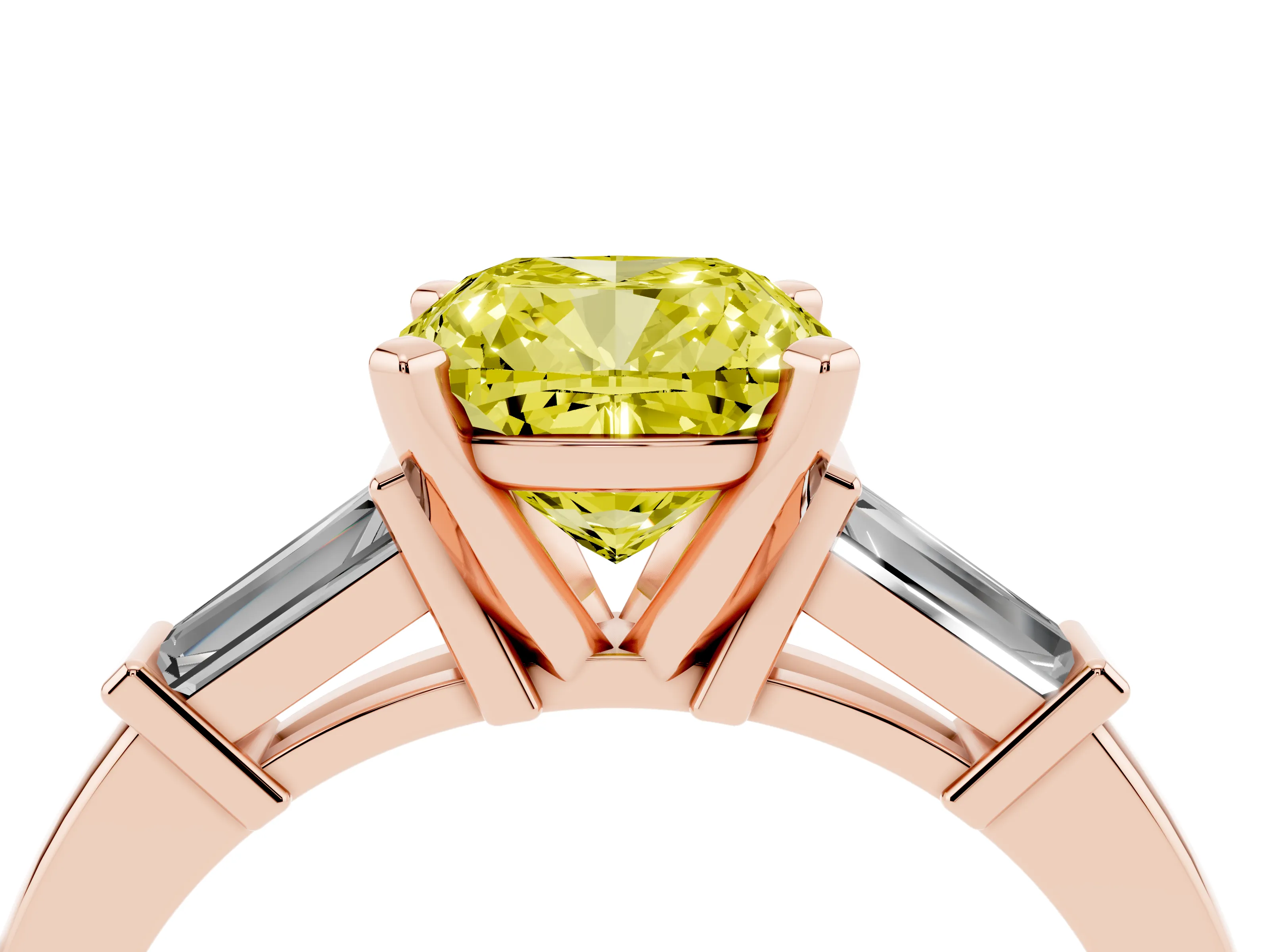 Fancy Yellow Cushion Cut Diamond Solitaire Ring Set in Rose gold with Tapered Baguette Accents and Prong Setting