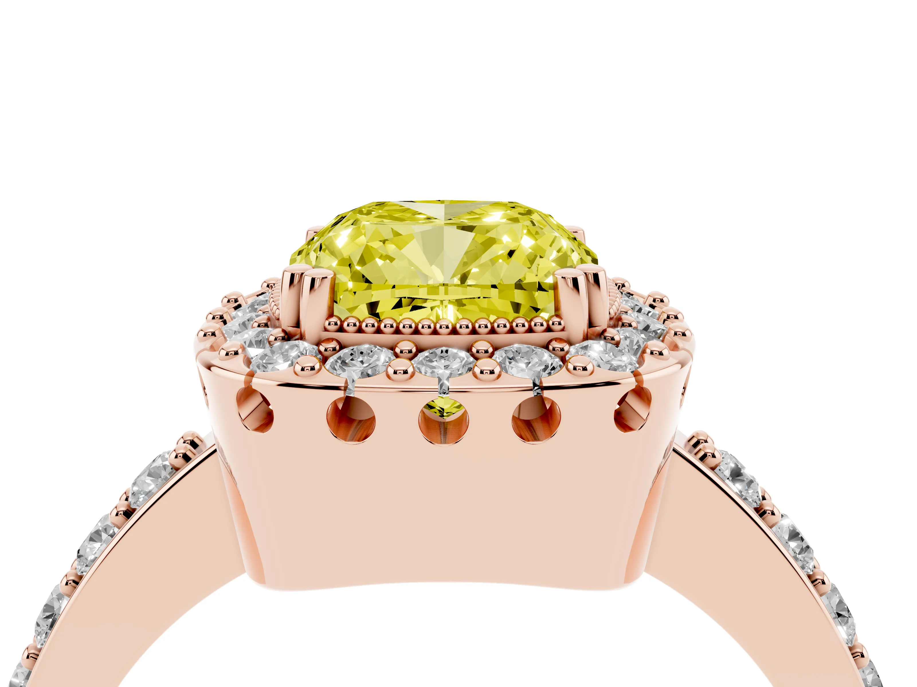 Fancy Yellow Cushion Cut Diamond Halo Ring Set in Rose gold with Pavé Shank and Prong Setting