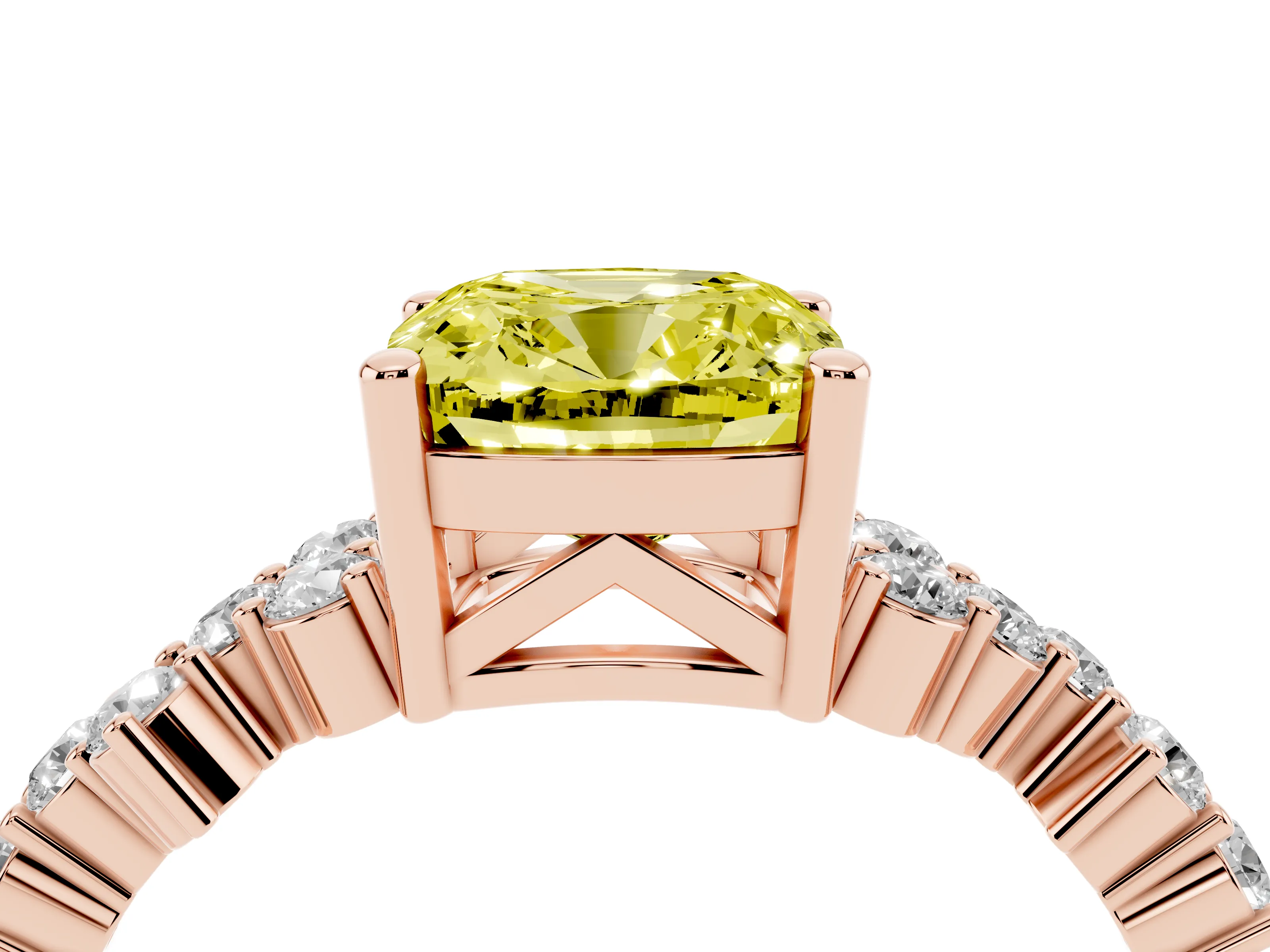 Fancy Yellow Cushion Cut Diamond Ring Set in Rose gold with Scattered Round Accents