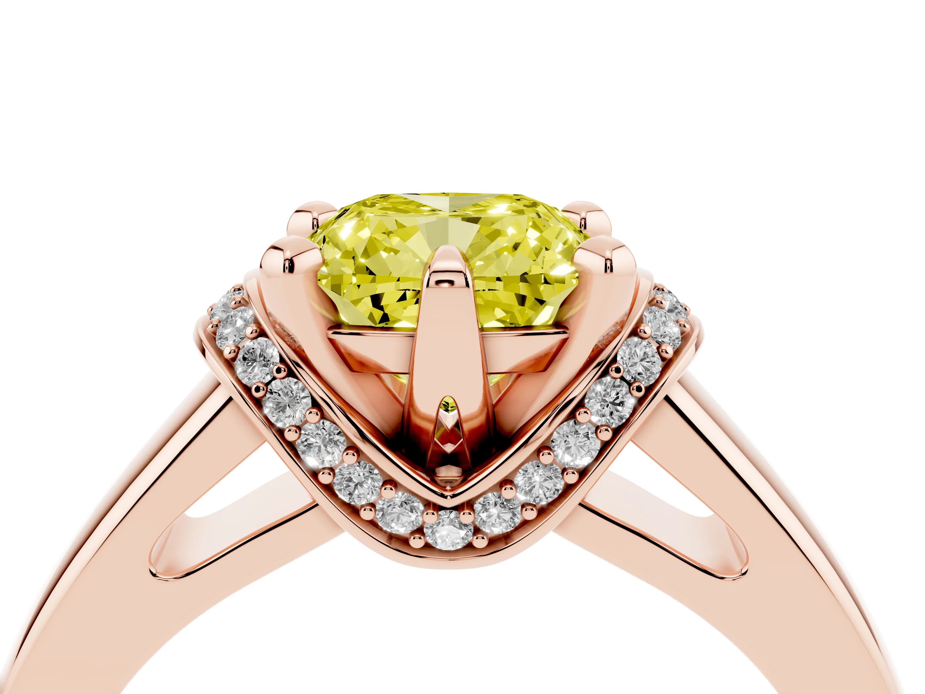 Fancy Yellow Cushion Cut Diamond Pavé Band Solitaire Ring Set in Rose gold with Prong Setting
