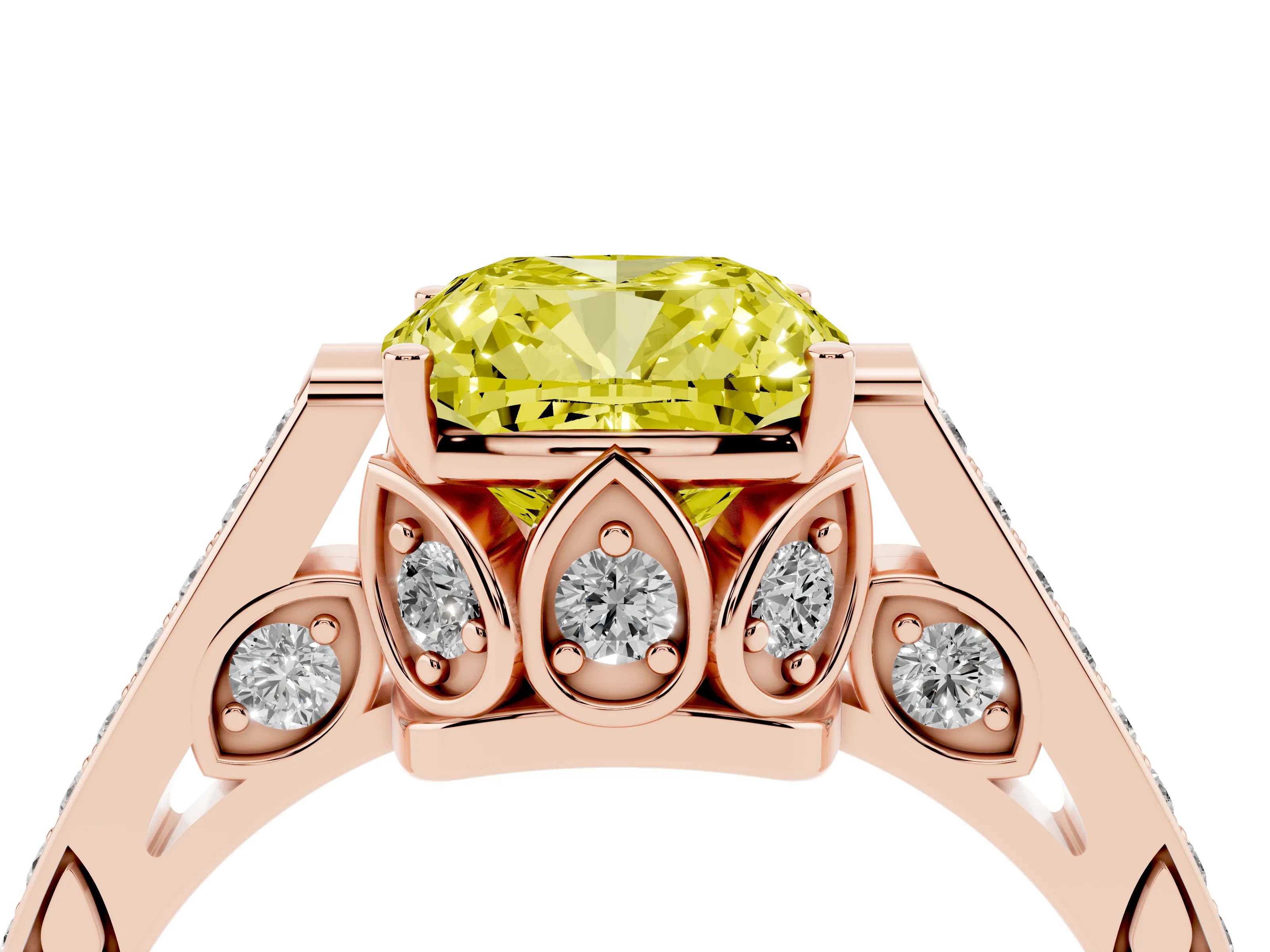 Fancy Yellow Cushion Cut Diamond Cathedral Pavé Engagement Ring Set in Rose gold with Prong Setting