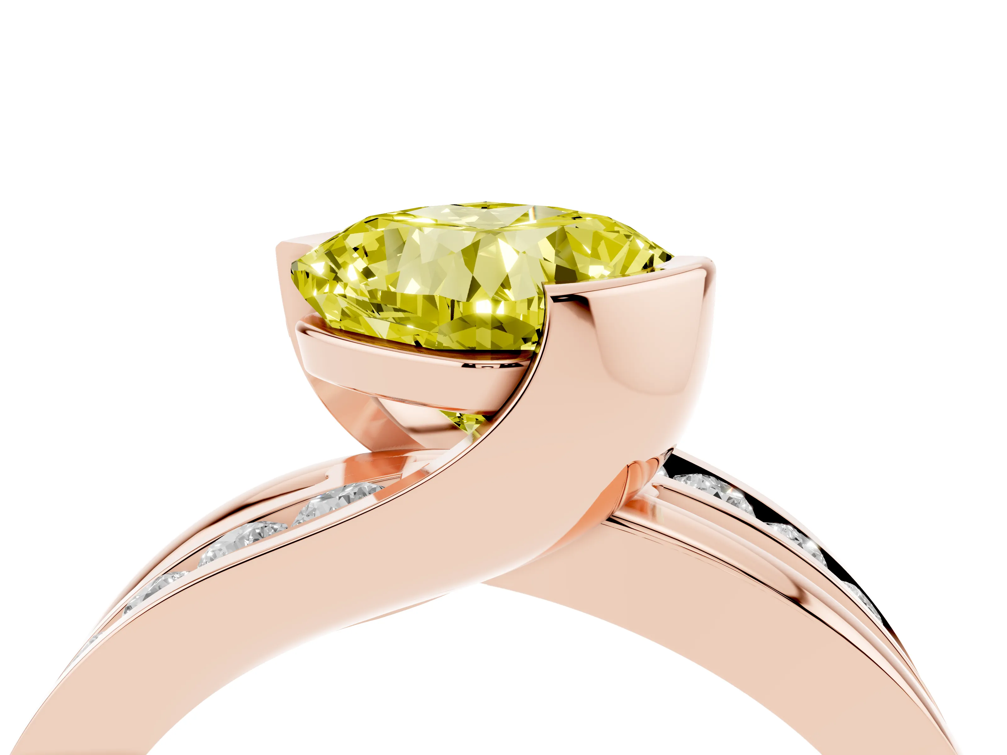 Fancy Yellow Cushion Cut Diamond Solitaire Ring Set in Rose gold with Channel Set Split Shank and Tension Prongs