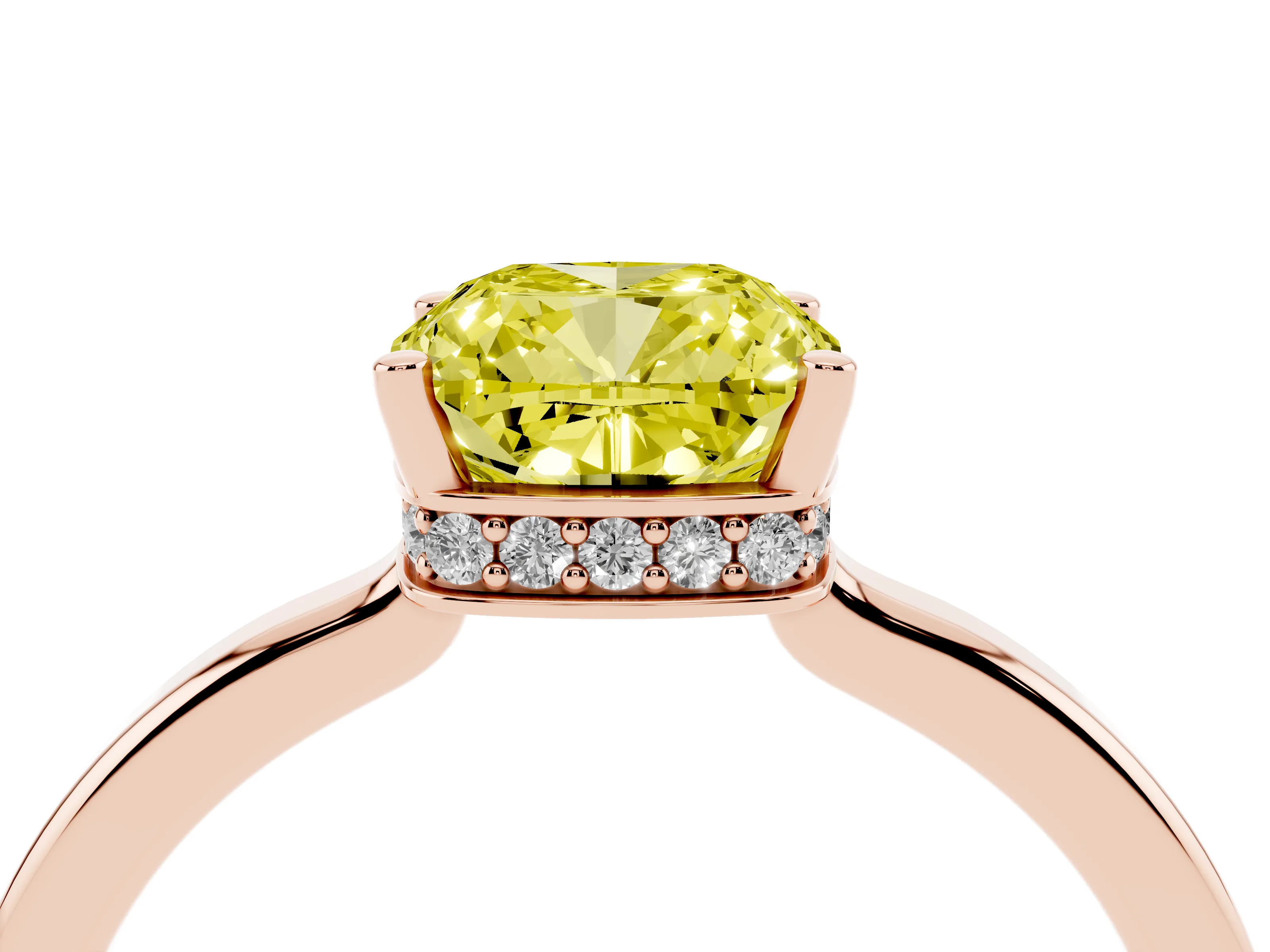 Fancy Yellow Cushion Cut Diamond Solitaire Engagement Ring Set in Rose gold with Prong Setting on a Plain Band