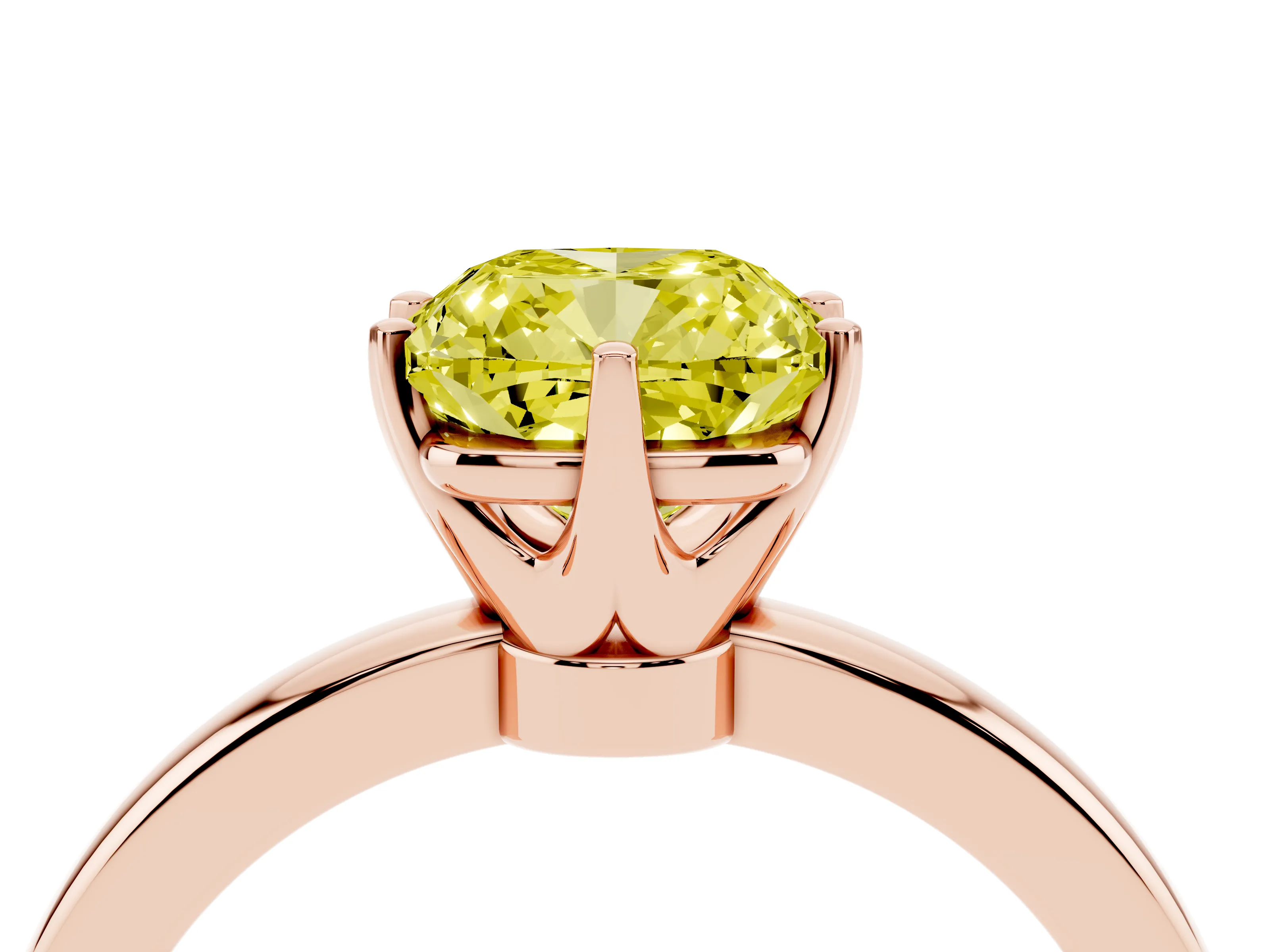 Fancy Yellow Cushion Cut Diamond Solitaire Ring Set in Rose gold with Raised Prong Setting on a Classic Band
