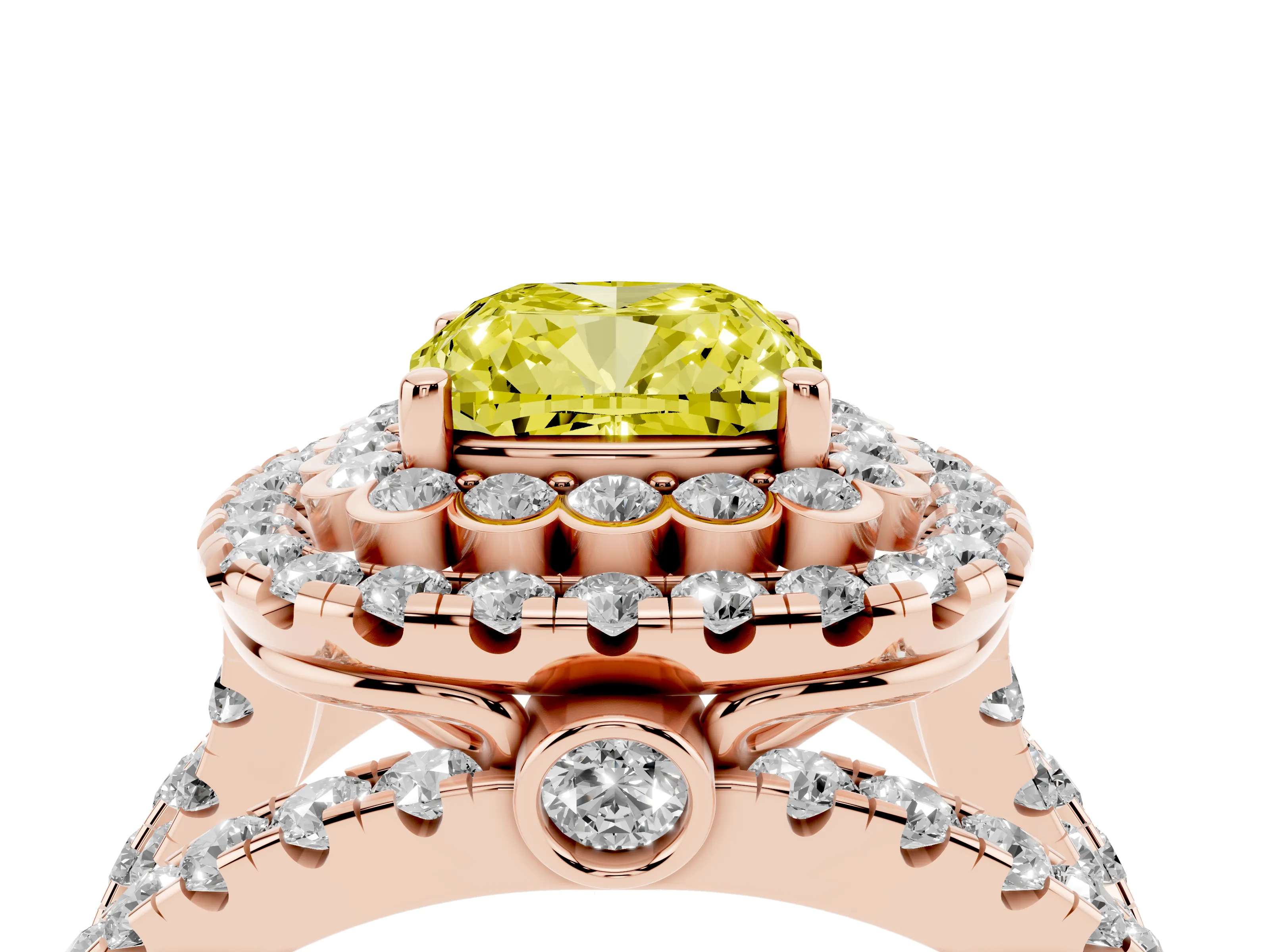 Fancy Yellow Cushion Cut Diamond Double Halo Ring Set in Rose gold with Round Pavé Split Shank