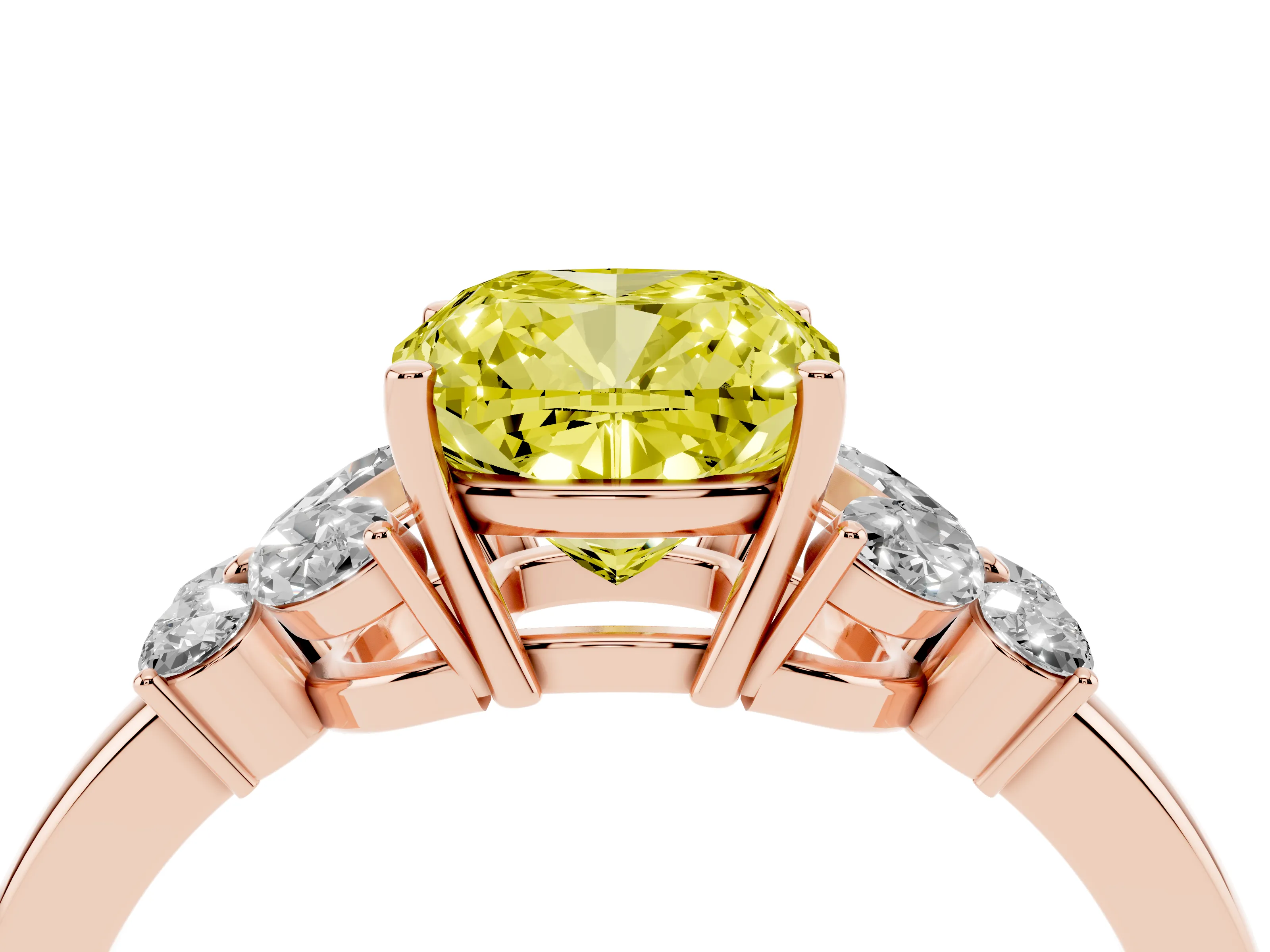 Fancy Yellow Cushion Cut Diamond Solitaire Floral Ring Set in Rose gold with Marquise Petals and Prong Setting