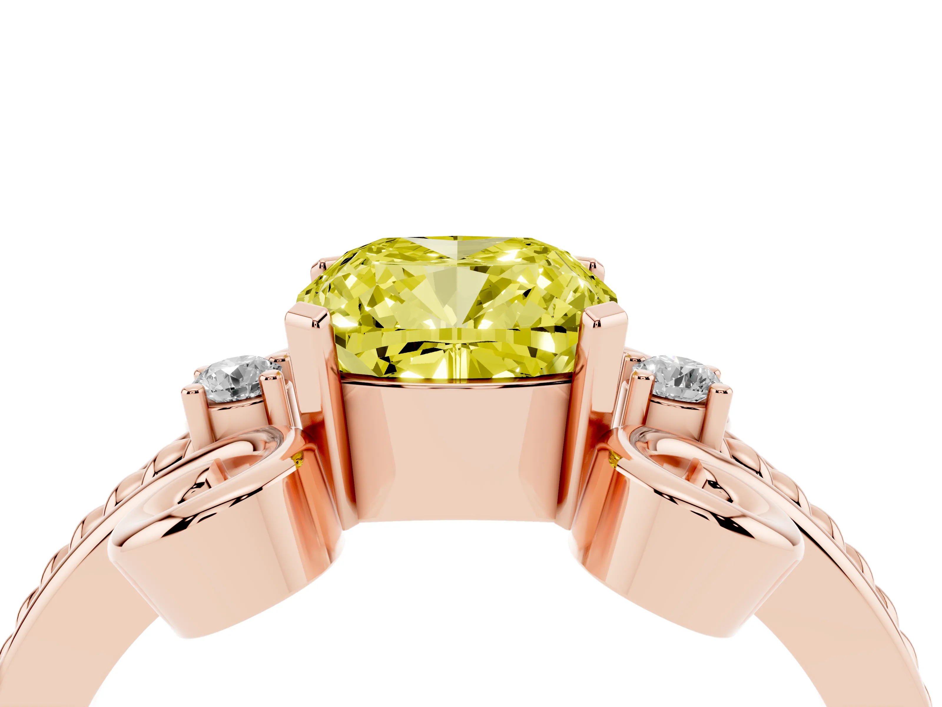 Fancy Yellow Cushion Cut Diamond Twisted Band Solitaire Ring Set in Rose gold with Scroll Prongs