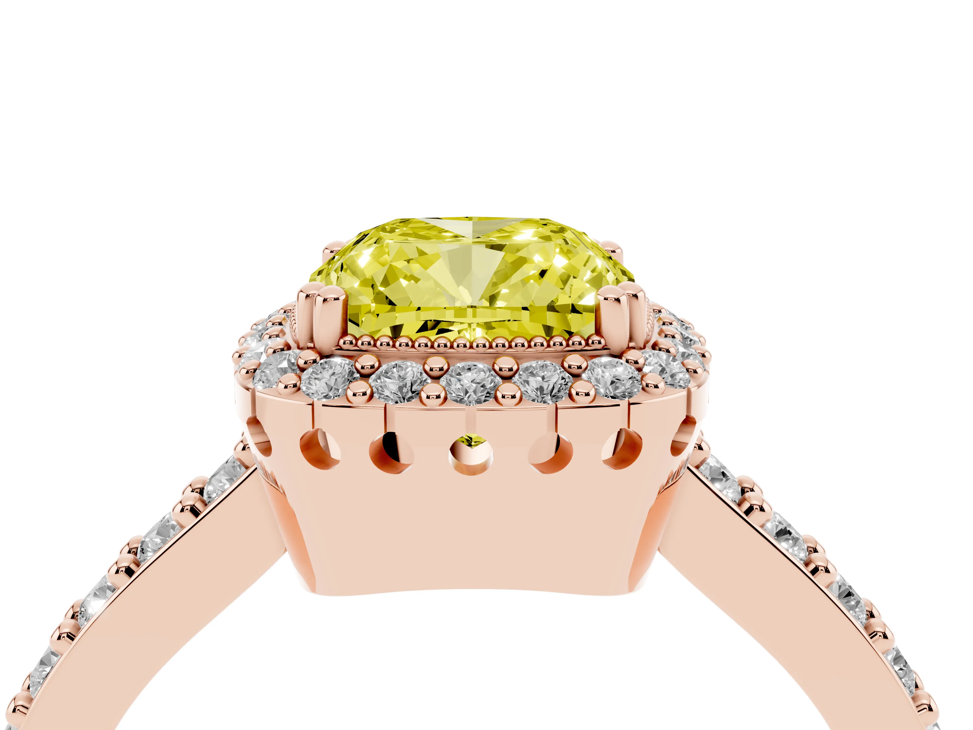 Fancy Yellow Cushion Cut Diamond Halo Engagement Ring Set in Rose gold with Milgrain Detail and Pavé Band