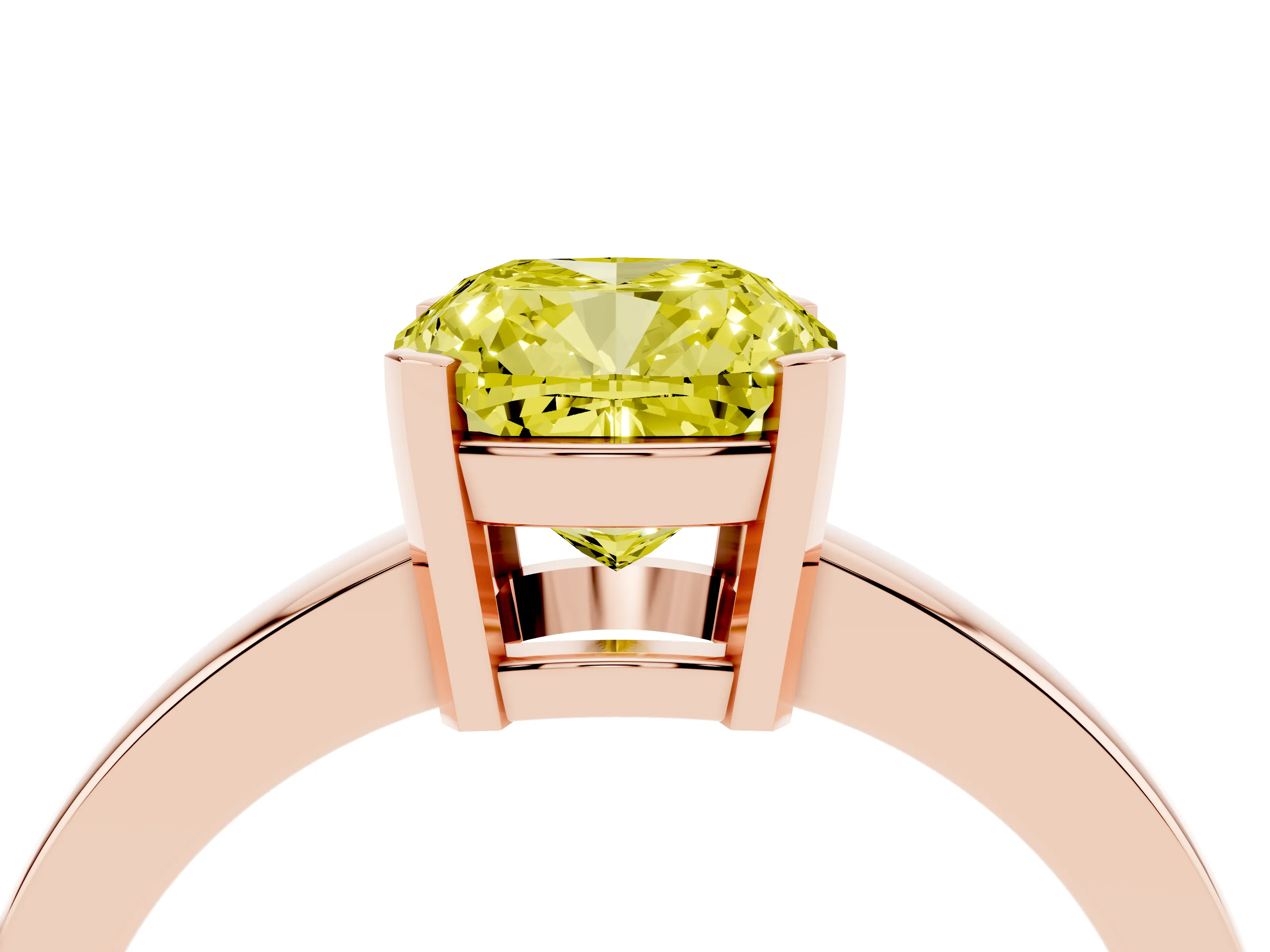 Fancy Yellow Cushion Cut Diamond Solitaire Ring Set in Rose gold with Prong Head and Smooth Polished Band