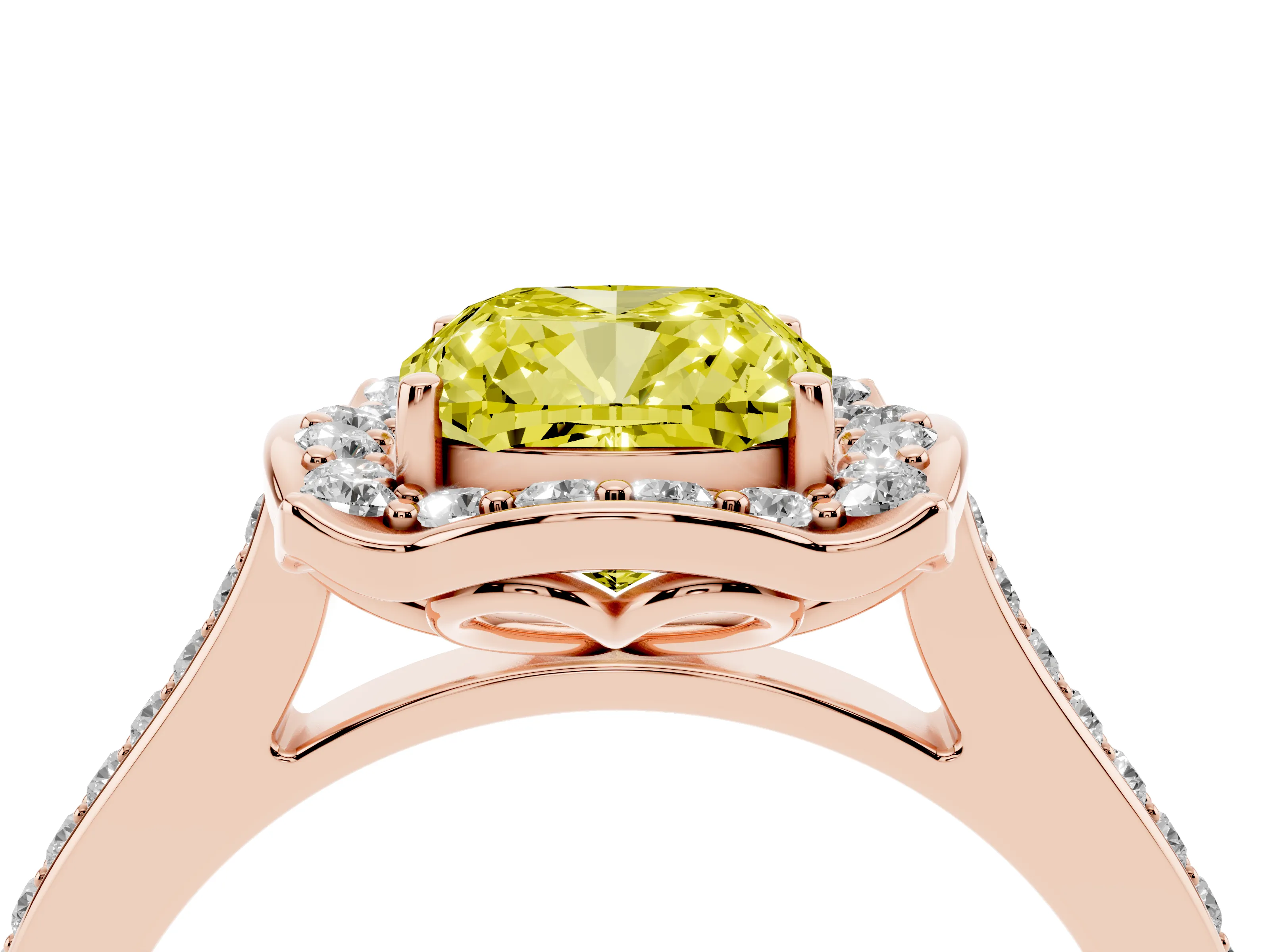 Fancy Yellow Cushion Cut Diamond Halo Ring Set in Rose gold with Pavé-Lined Shoulders and Prong Setting